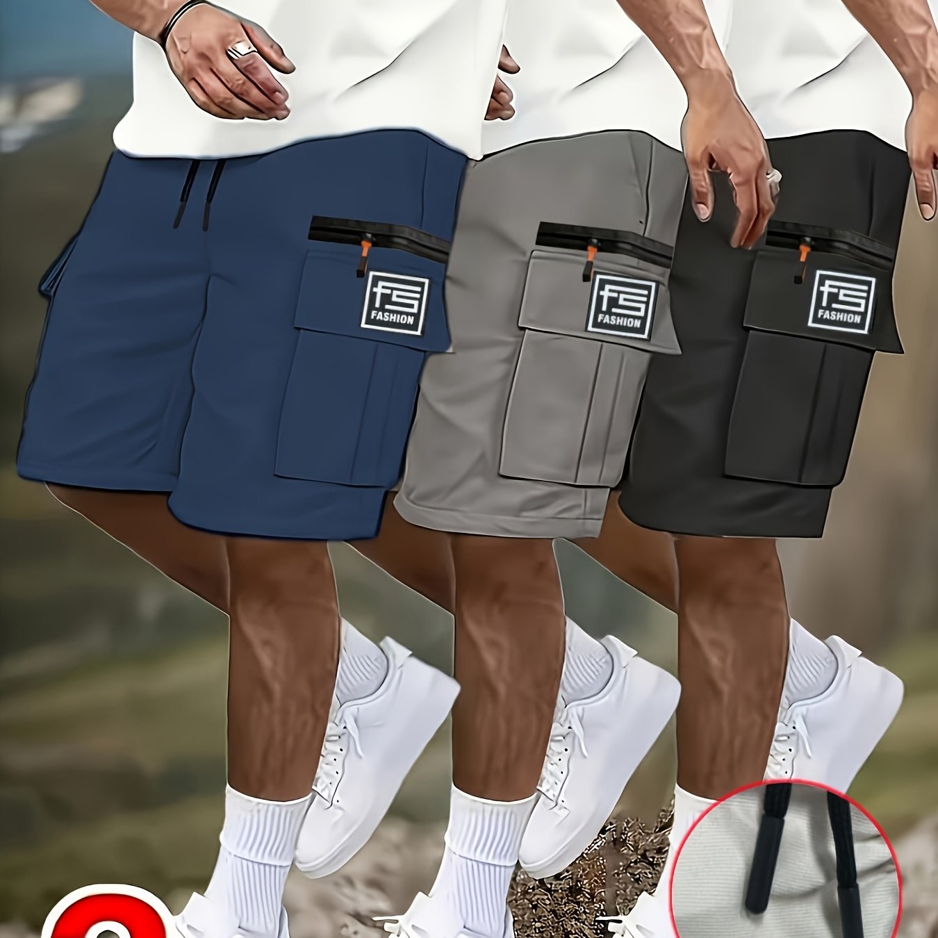 TEMU 3pcs Set Men's Casual Cargo Shorts, Mid-waist With Elastic Drawstring, Multi-functional Pockets And Unique Zipper Design, Suitable For Golf And