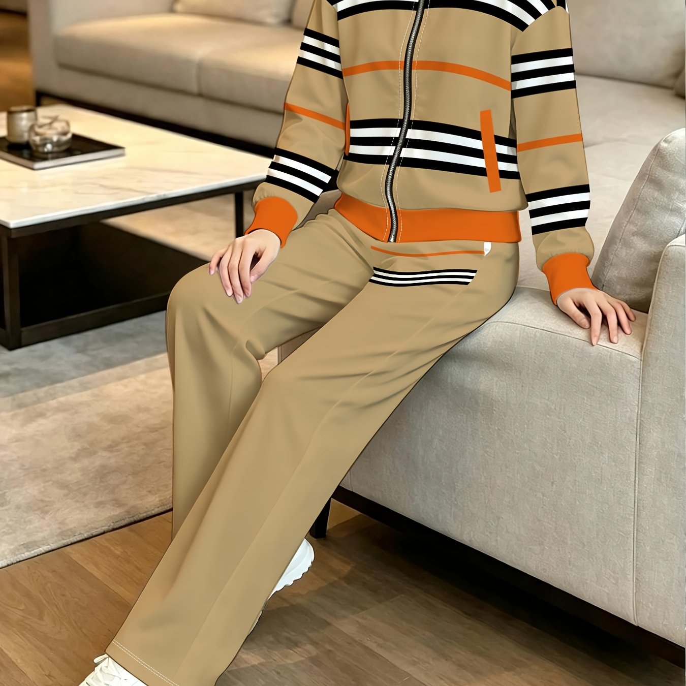 TEMU New European And Women's Fashionable Casual Jacket And Trousers Set, Spring/autumn Color-block Striped Outfit, Simple And Elegant Wear, Trendy,