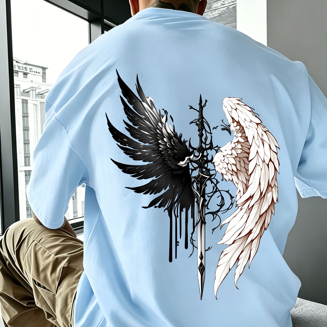 Demon Wings Graphic T-shirt Men | Gothic Sword | Spiritual Oversized Summer Top | Fantasy Loose Fit Casual Shirt