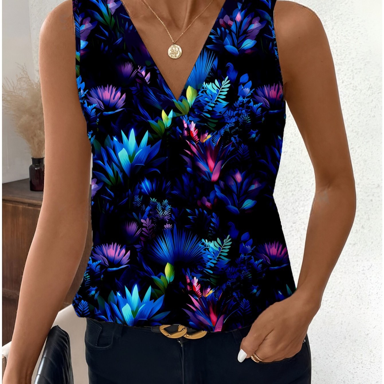 TEMU Plus Size - Summer Black Background Blue Purple Neon Tropical Plant Floral Print V-neck Sleeveless Women's Fashion Printed Summer Vest Top,