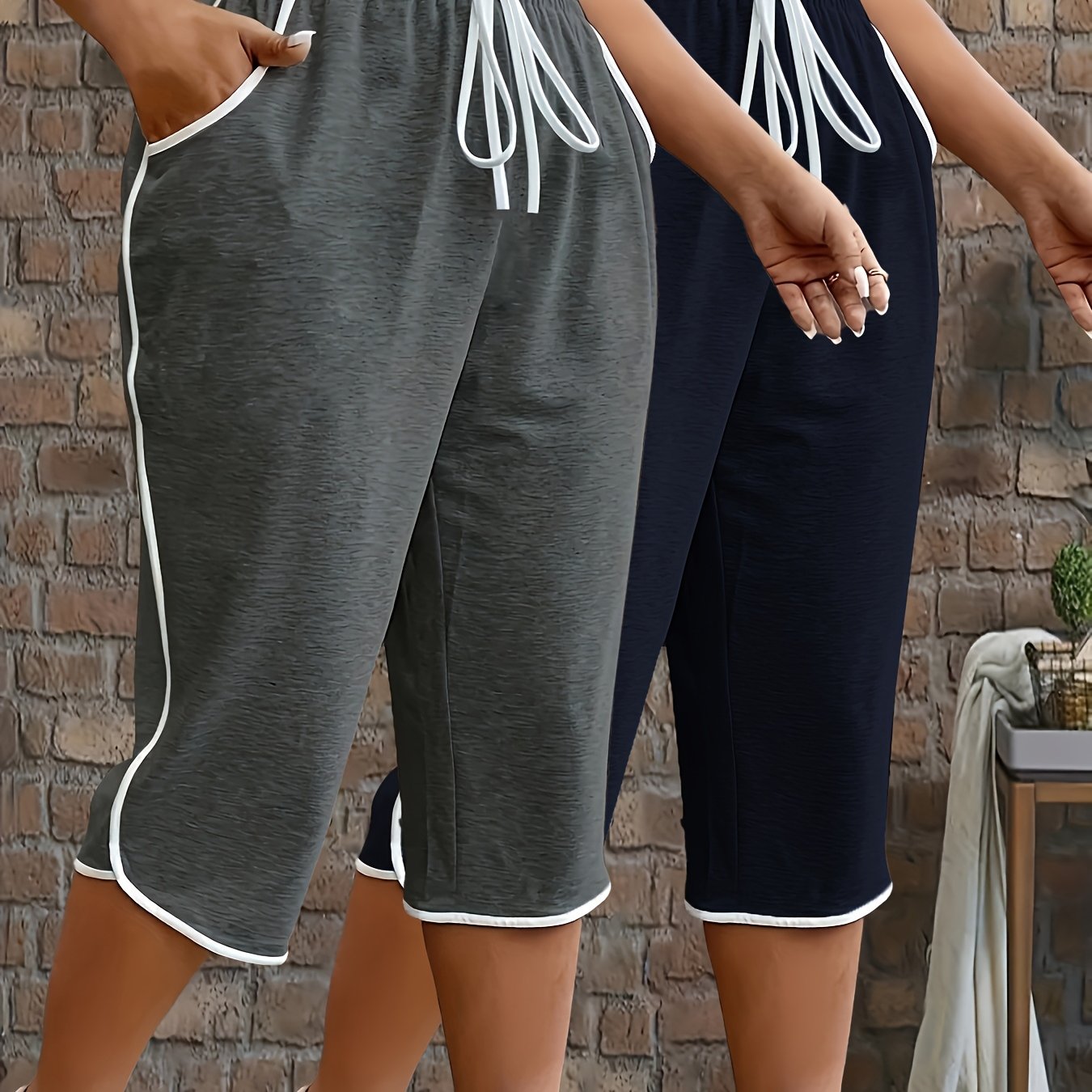 Plus Size, 2pcs Plus Size Pants With Pockets For Women, Contrast Capri Pants, 2pcs Women's Plus Size Clothing