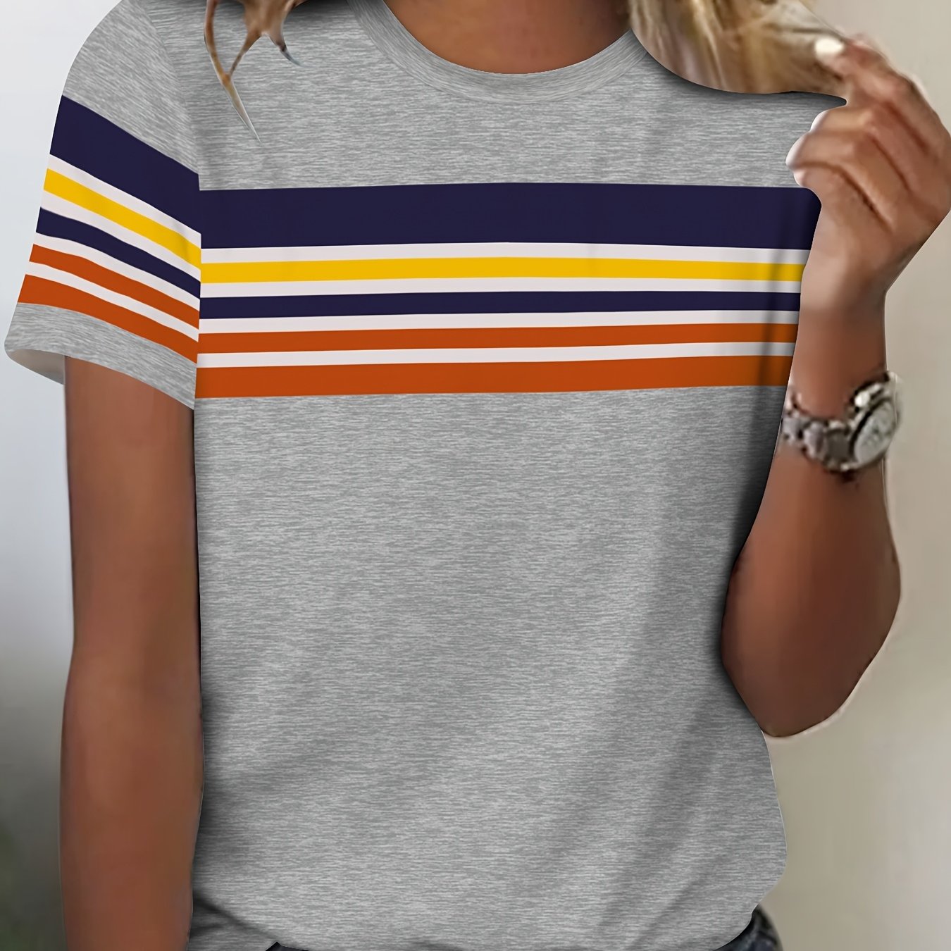 E-shop 2D Lässiges Elegantes Urlaubs Retro Farbblock Patchwork Blau Weiß Orange Gelb Streifen Grafik All- Atmungsaktives Bedrucktes Rundhals Kurzarm
