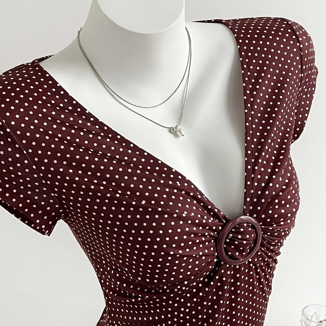 TEMU Women's V-neck Pleated Button-up Polka Dot T-shirt