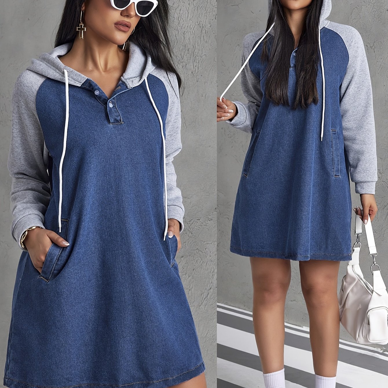 Image of Women's Casual Color- Drawstring Hooded Pocket Denim Dress, Spring/autumn