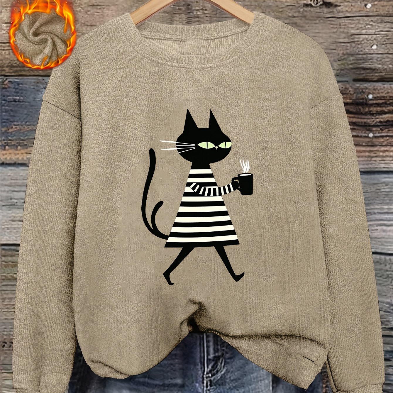 TEMU This Striped Black Cat Print Pullover Features Long Sleeves And Neck, And From A Soft, Stretchy Fabric, Making It Perfect For Casual Attire In