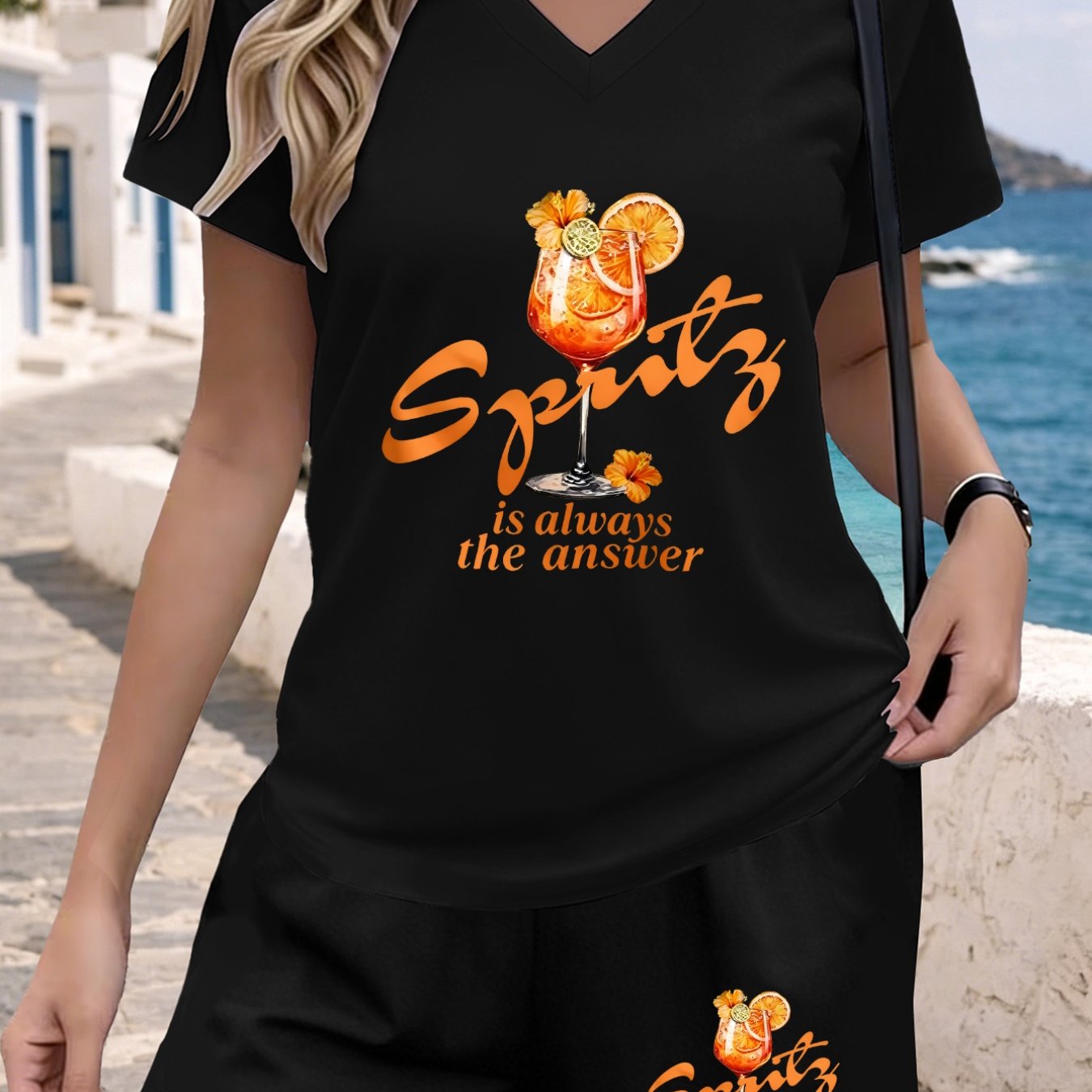 TEMU 2pcs Printed V-neck Short-sleeve T-shirt And Casual Shorts Set. Design Highlights A Beverage Pattern And " Is ," Exuding A Summer Vibe. New
