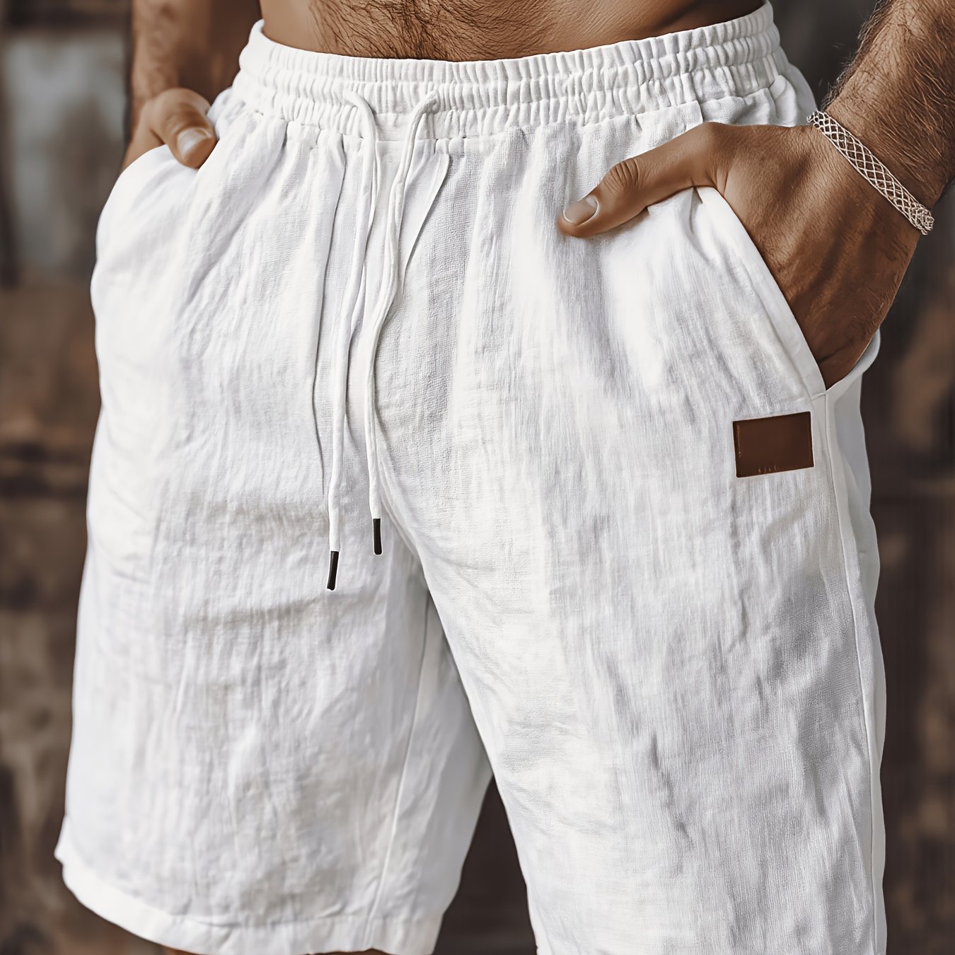 TEMU Parisian Style Men's Linen Shorts, Summer Lightweight Breathable Knee-length Pants With Linen Texture, Elastic Waist With Drawstring, Loose