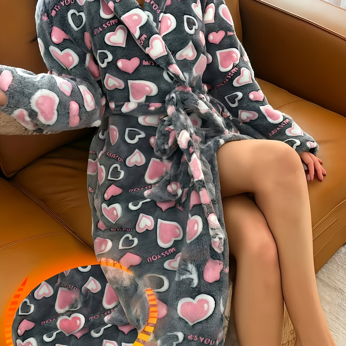 TEMU Black 5 Special Explosions New Autumn And Winter Flannel Gray Love Printed Pajamas Women Double-sided Thickened Women's Pajamas With Belts Loose