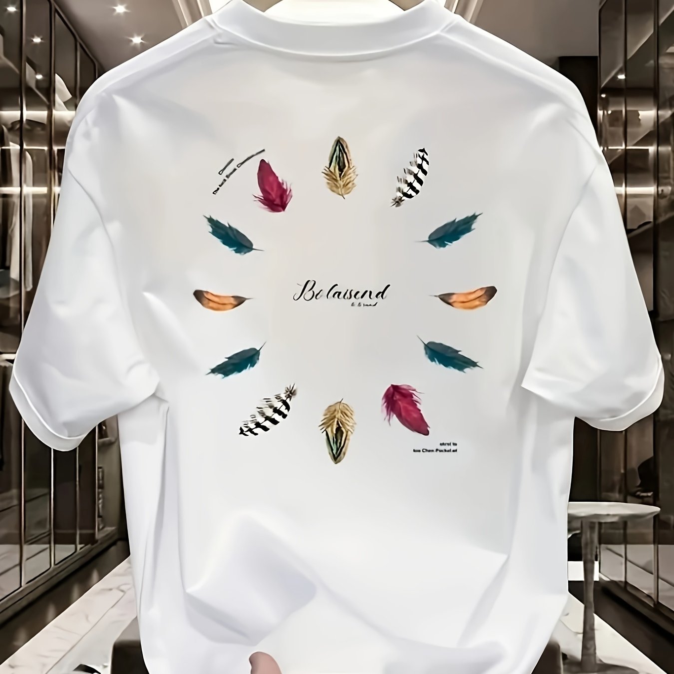 TEMU 1pc Colorful Feather Vibrant Print Pattern T-shirt, Comfortable Stretch Round Neck Short Sleeve, Summer Outdoor Casual, Holiday Gift