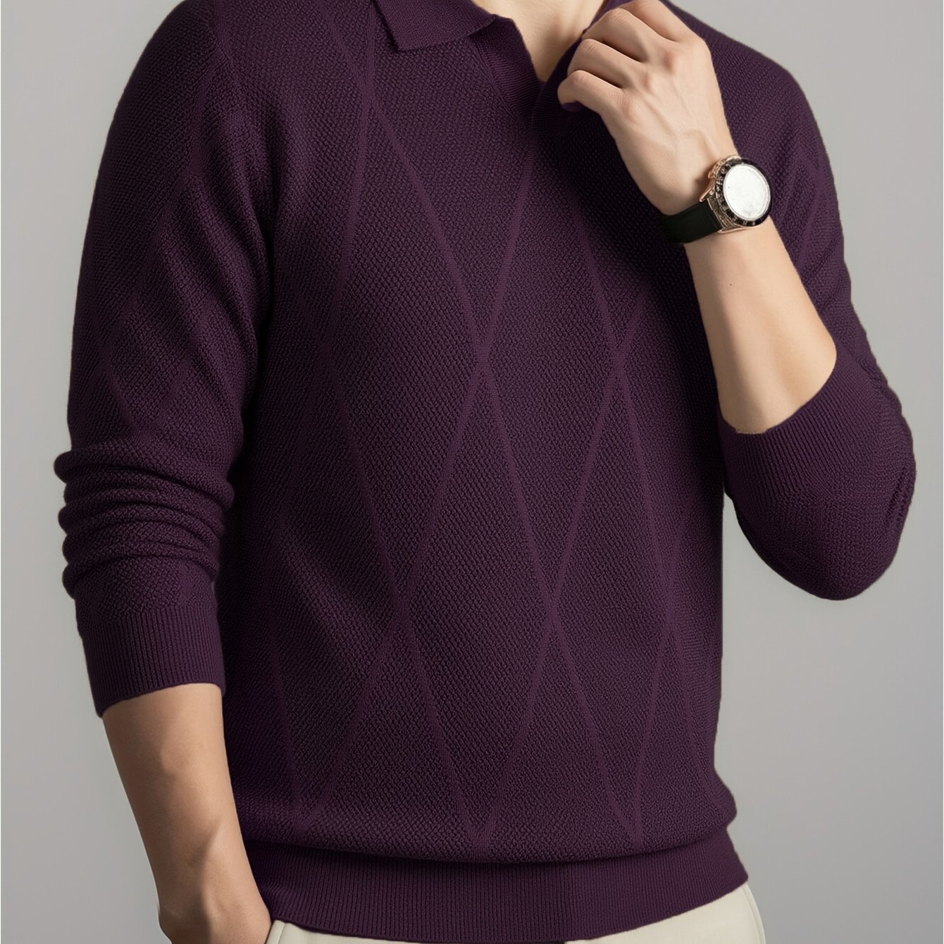 TEMU Autumn/winter Men's Diamond Jacquard Lapel Textured Rhombus Lapel Casual Base Layer Knit Sweater, Men's Casual Autumn/winter Pullover