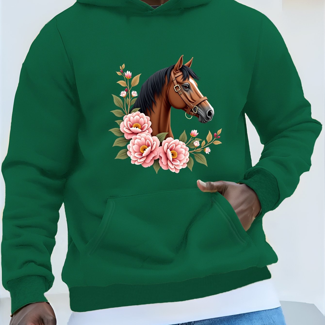 TEMU Men's Plus Size Horse Head & Floral Graphic Print Hoodie - Relaxed Fit Casual Pullover, Machine Washable, Long Sleeve Hooded Sweatshirt For