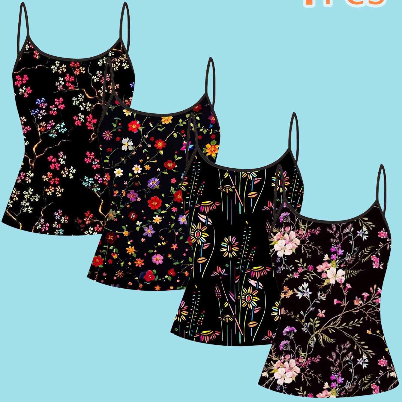 TEMU Set Of 4 Vintage Floral Print Camisoles For Women, Featuring Slim Straps And A Fitted Sleeveless Design, Wear In A Versatile European And