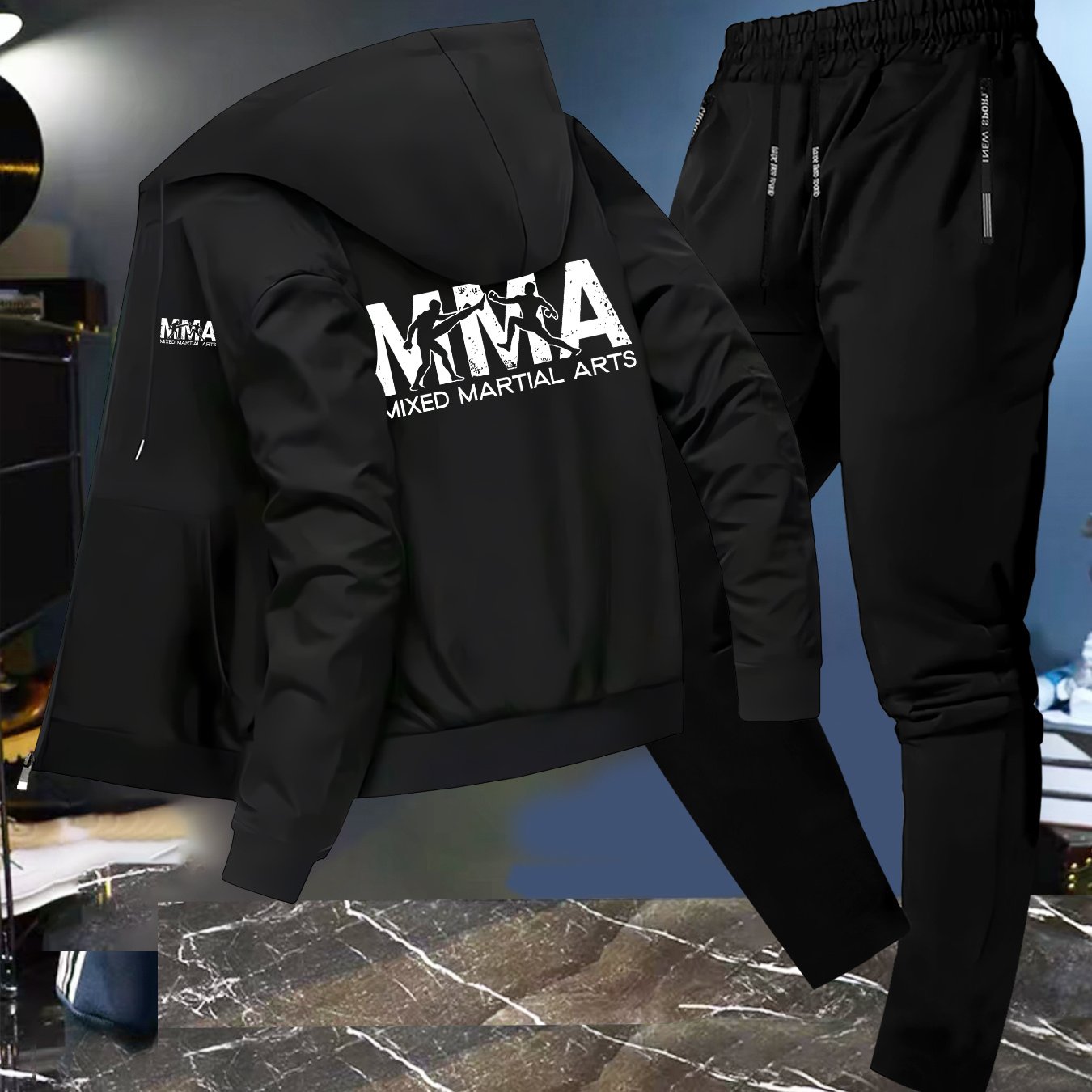 TEMU Men's Trendy Autumn And Winter Hooded Jacket Set, Mma Pattern Casual Business Outfit, Youth Casual Sports Baseball Jacket With Collar
