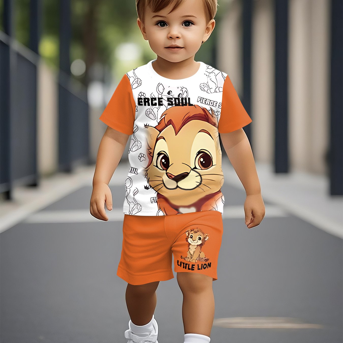 Image of Summer Short-sleeve Outfit For Baby Boys, Featuring A Trendy Lion Print, Stylish And Comfortable, For Outdoor