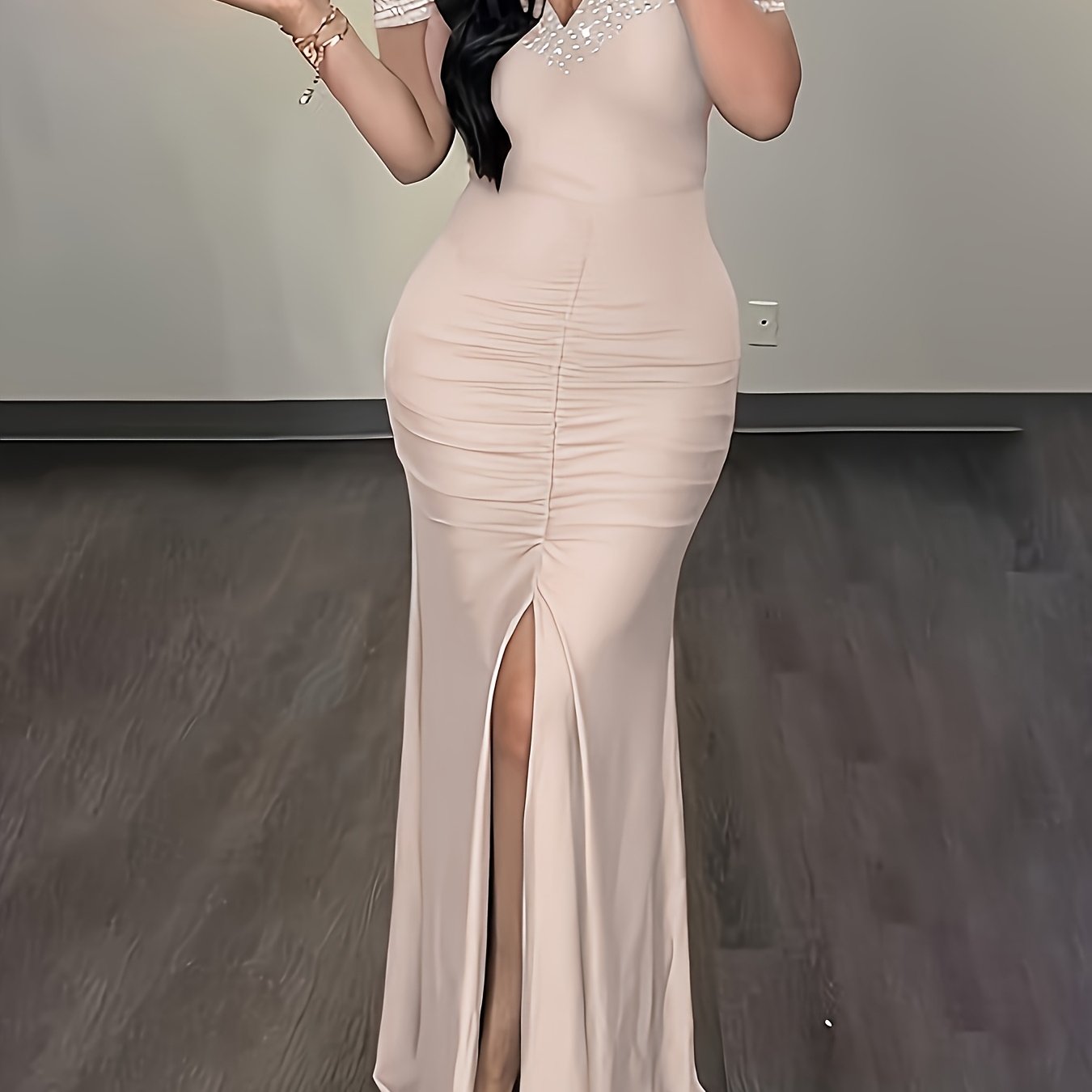 Women&#39;s Elegant Off-the-Shoulder Evening Dress with Rhinestone Embellishments - High Waist Bodycon Silhouette, Long Sleeveless Gown &amp; Slit for Parties, Galas, Weddings - Machine Washable Summer Formal Attire, Formal Dresses, Wedding Guest Attire, Party Wear, Sophisticated Craftsmanship, Smooth Fabric Finish
