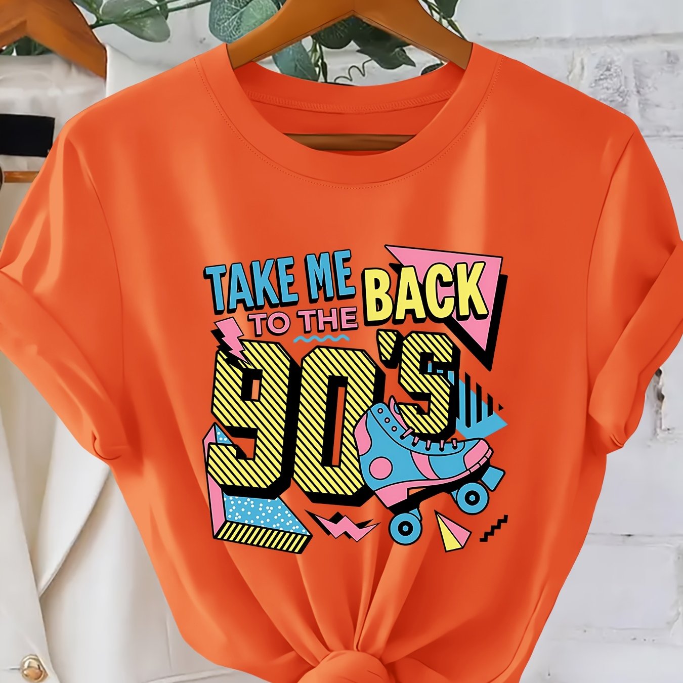 TEMU " Back To The 90's" Roller Skates Geometric Pattern Print Women's T-shirt | Round Neck Short Sleeve | Casual Versatile Top For Women | Summer