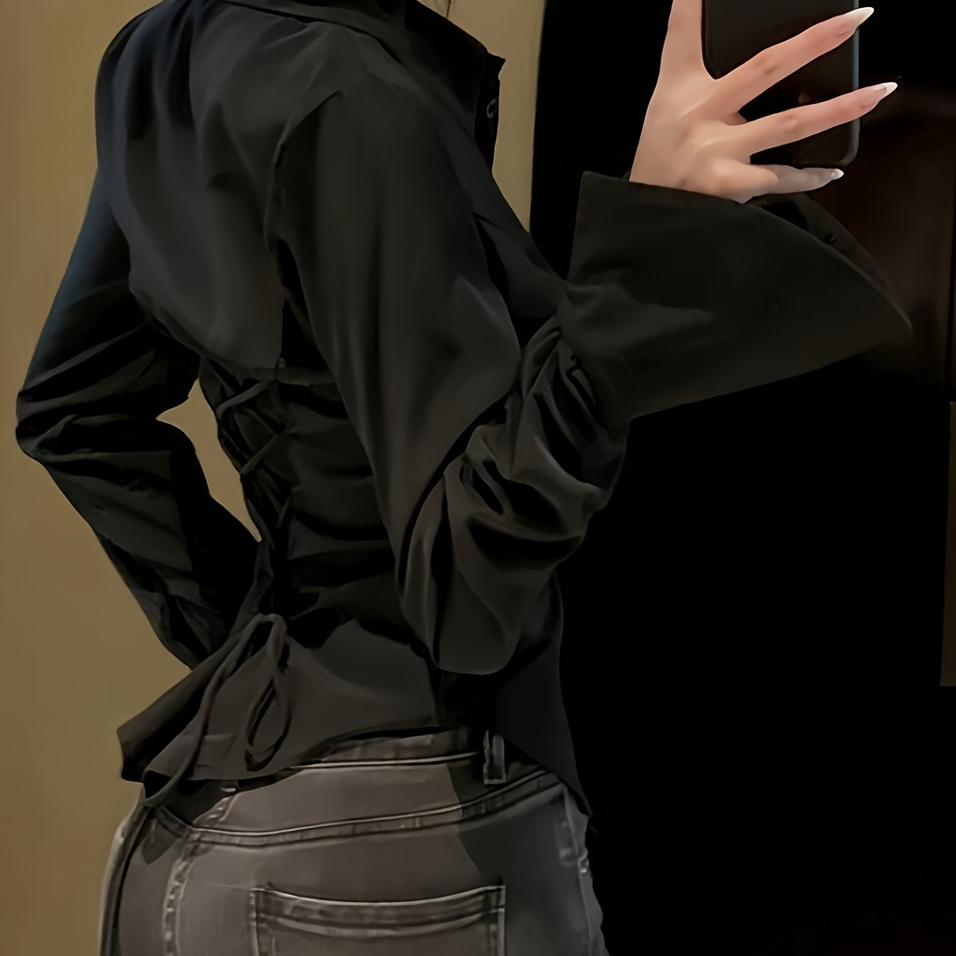 TEMU Women's Elegant Autumn Winter Solid Color Drawstring Back Flared Long Sleeve Slim Fit Shirt
