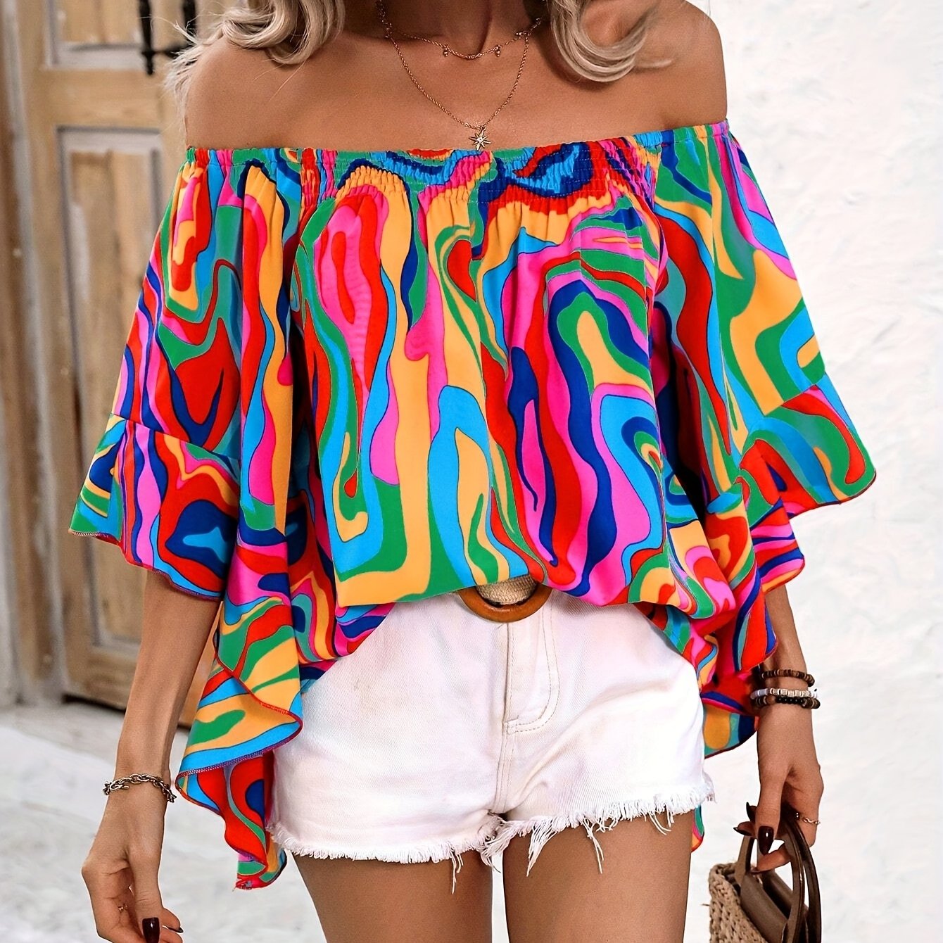 Plus Size - Plus Size - Holidaya Marble Pattern Off-shoulder Ruffle Loose Casual Shirt
