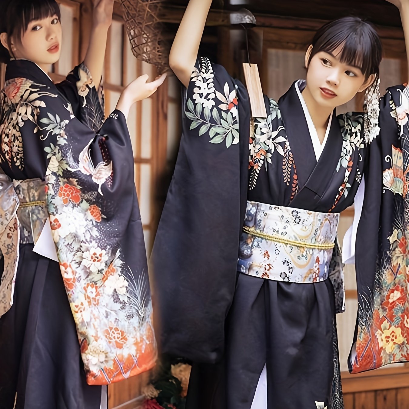 TEMU 日本風スタイルの着物ユカタ - 美しい手描きの枝模様と紅葉の肖像画が施された長袖女性用着物 伝統的な和風着物 日本の芸者ユカタ 花柄ルローブ 大人用メイクアップ