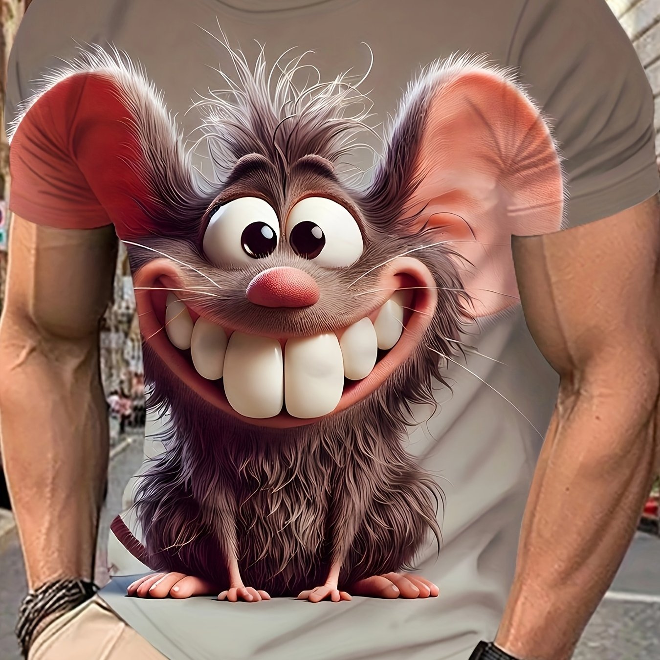 TEMU Men's Funny Cartoon Mouse Pattern T-shirt - Casual Round Neck, Short Sleeve, Lightweight Polyester Blend, White With , Suitable For Casual Wear,