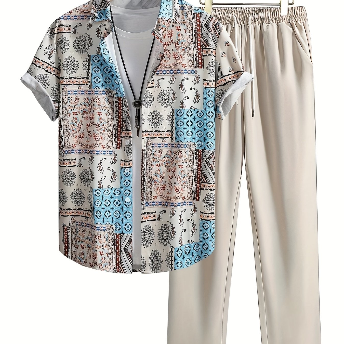 2pcs Print Plus Size Men's Summer Short-sleeve Button Shirt And Long Pants Set | Casual Crew Neck, Regular Fit With Stretch Fabric