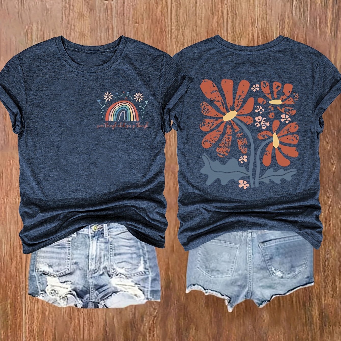 Image of Round Neck Short Sleeve T-shirt With Print, Fashionable Vintage Style For Women, Casual Sportswear For Fitness, Suitable For : Spring, Summer, Autumn, Winter