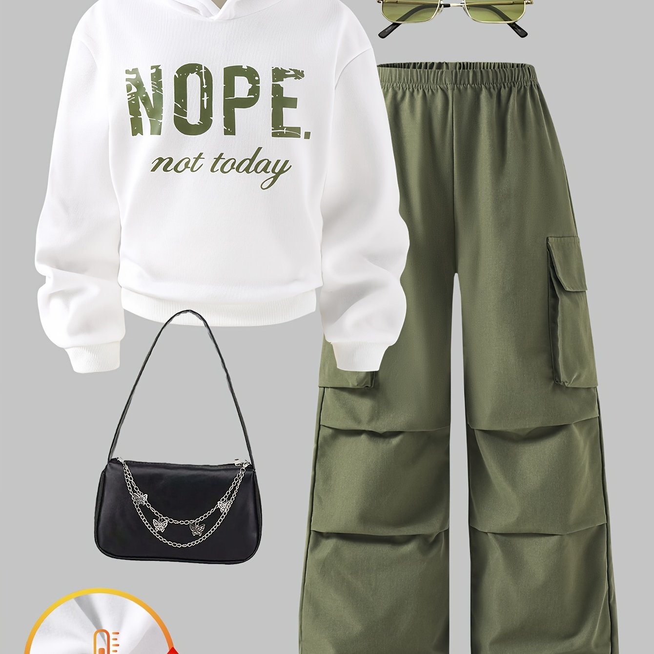 E-shop Mädchen-Mode-Set für Frühling/Herbst, 2-teilig: Kapuzenpullover mit Buchstaben-Print + Armeegrüne Cargohose, für Freizeitkleidung im Freien im