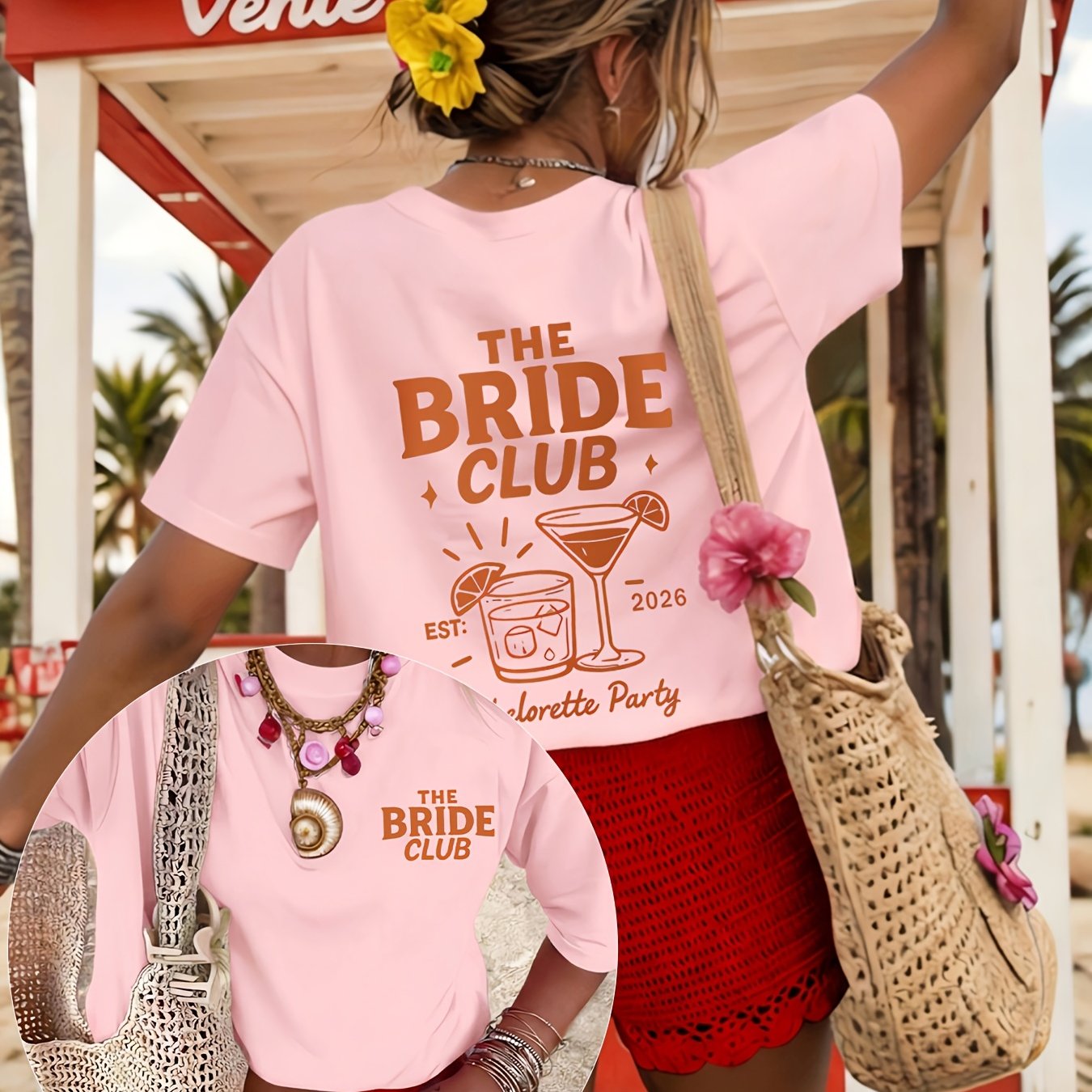 TEMU T-shirt pour femme à col rond et manches courtes, style européen et américain, motif imprimé THE BRIDE vacances en orange, T-shirt de sport pour