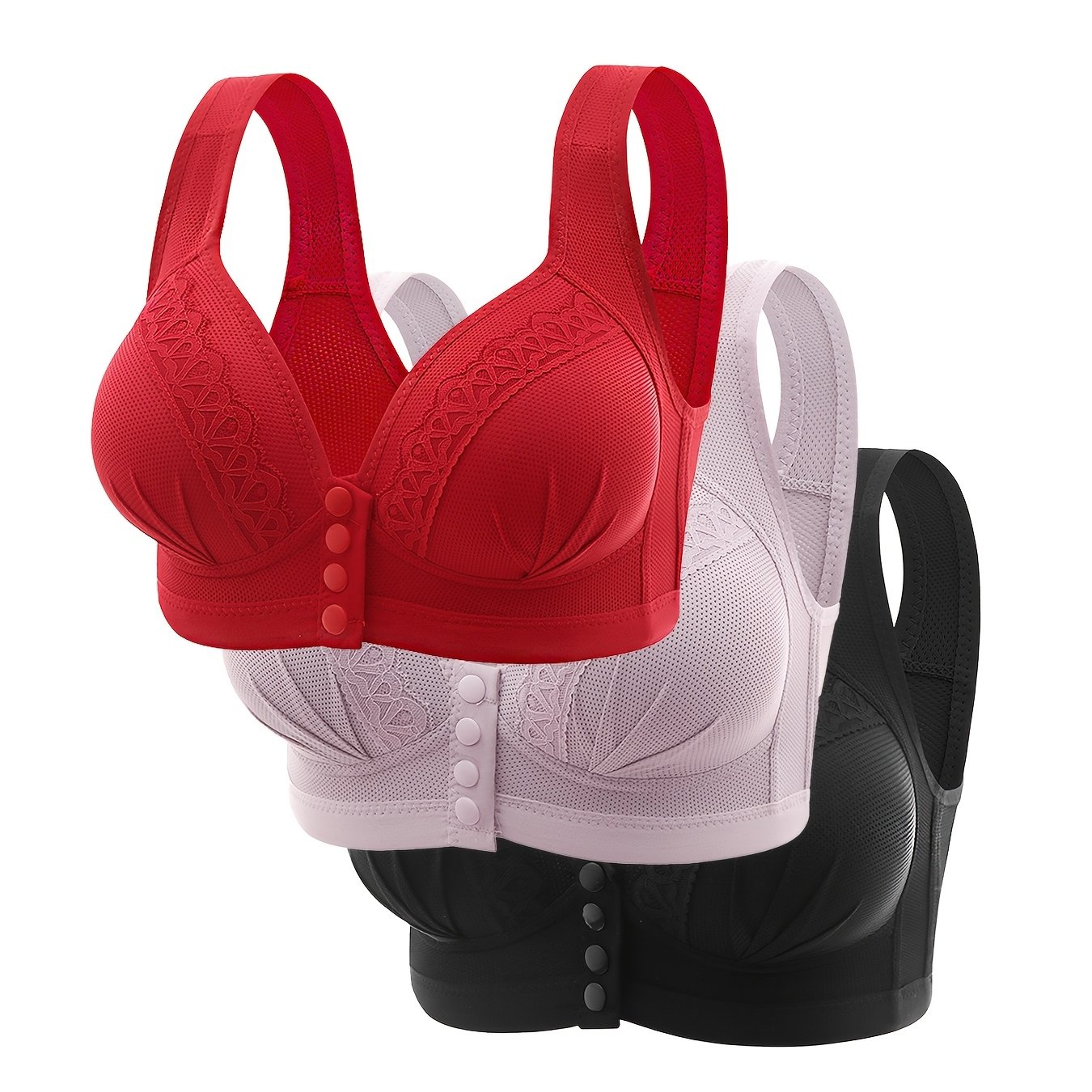 TEMU 3-panel/3pcs Underwire-free Bra Set - Wire-free Smoothing Lift With Non-detachable Pads, Front Closure, Medium Round Neck Comfortable Bras For