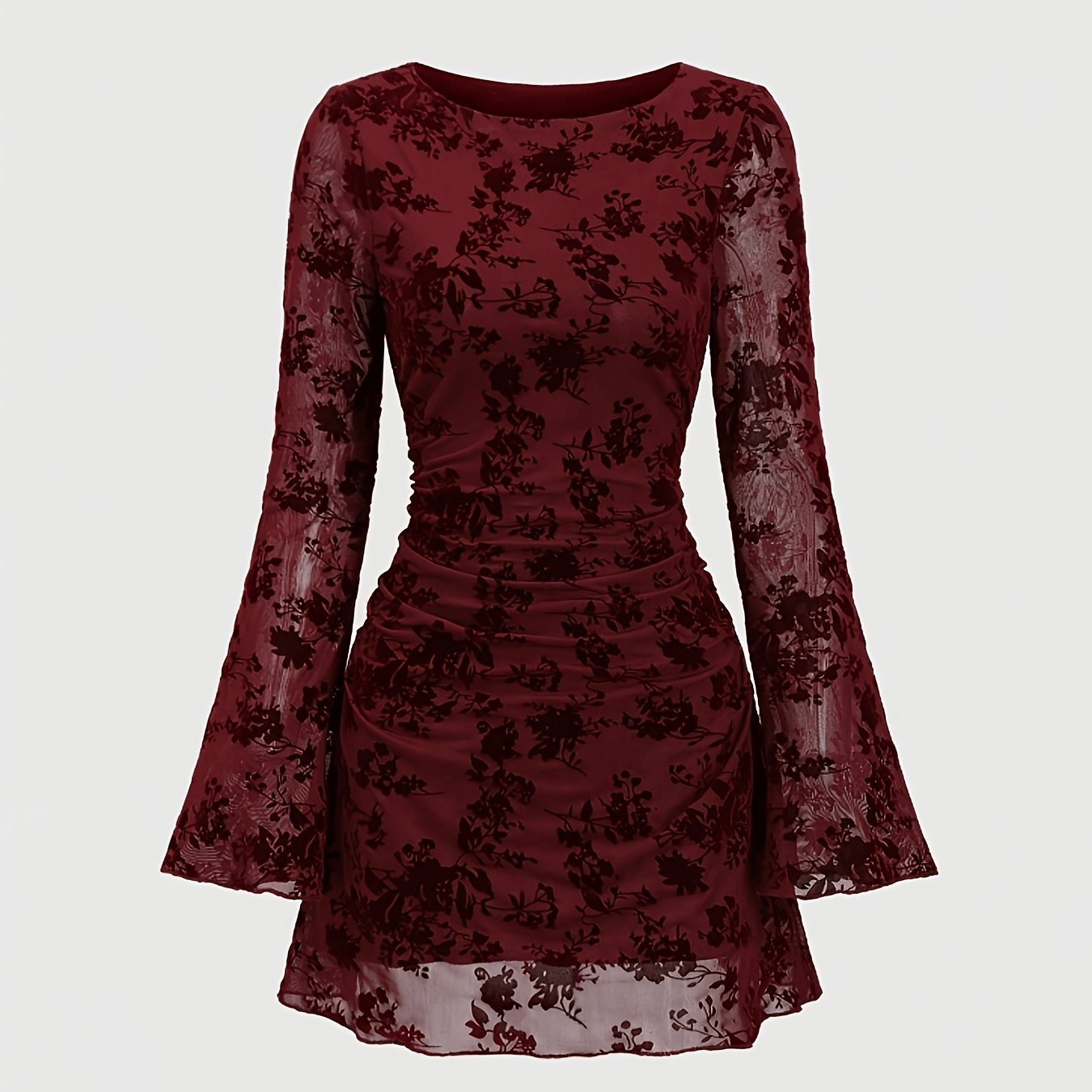 TEMU ZD260714010 Robe courte et vintage pour femme, en floquée, à manches longues et coupe ajustée