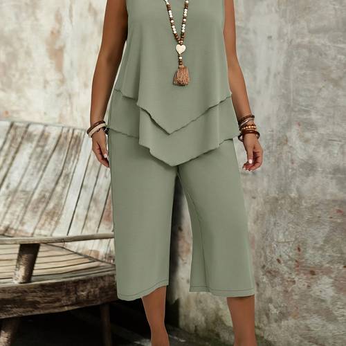 plus size womens large size simple asymmetric hem solid color sleeveless top and eighth pants two piece set for summer