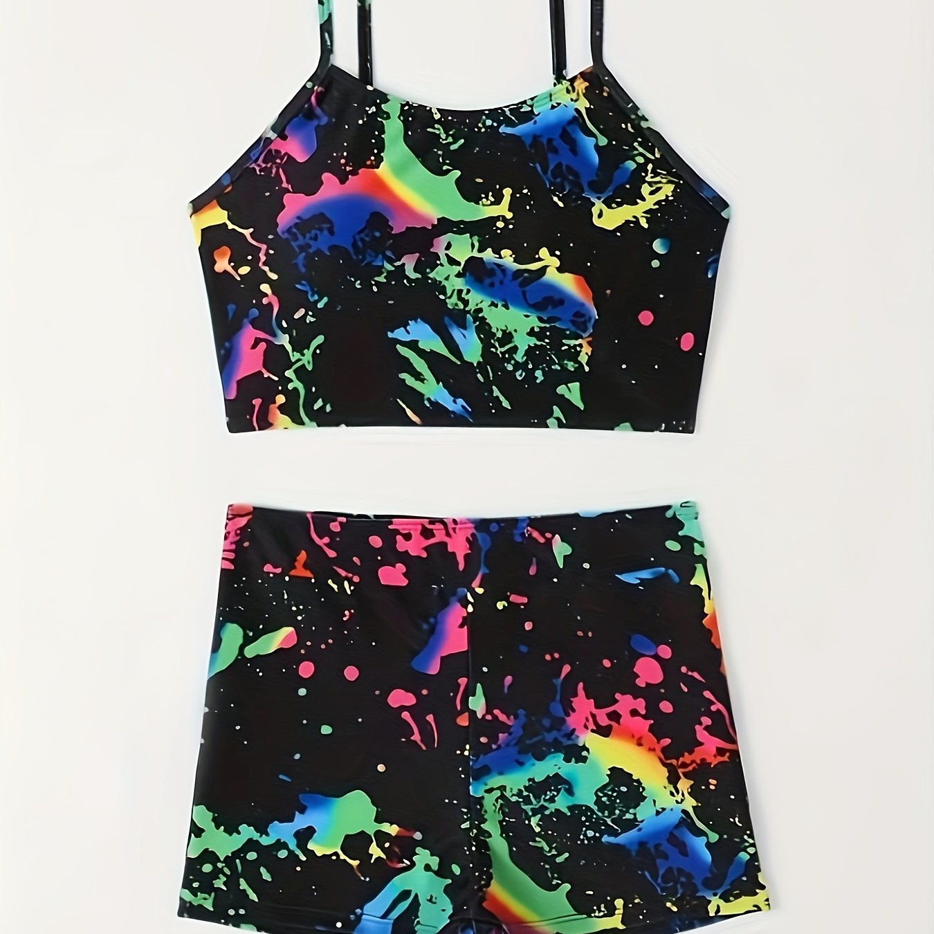 TEMU Ensemble bikini tendance pour filles, idéal pour les fêtes en extérieur, style décontracté et facile à , imprimé tie-dye, manches, taille haute,