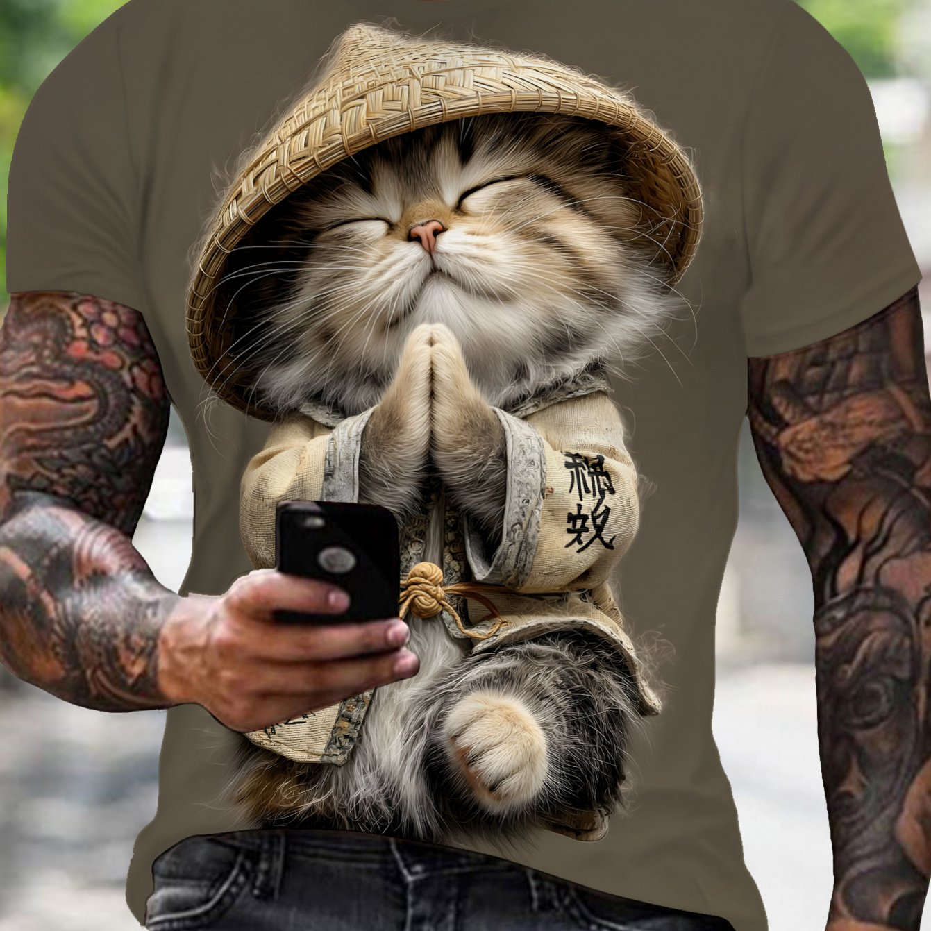 TEMU Men' Cat Print T-shirt - Streetwear Crew Neck Short Sleeve Top With -themed, Machine Washable Casual Shirt Suitable For Themed Events & Casual