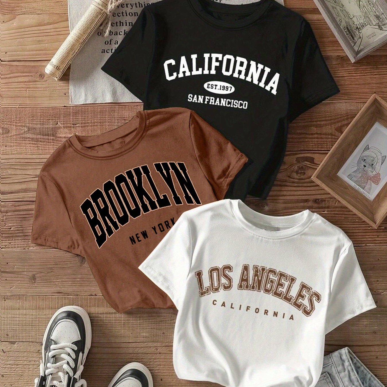 Image of 3pcs Letter Print T-shirt, Short Sleeve Crew Neck Casual Top For Summer And Spring, Women's Clothing