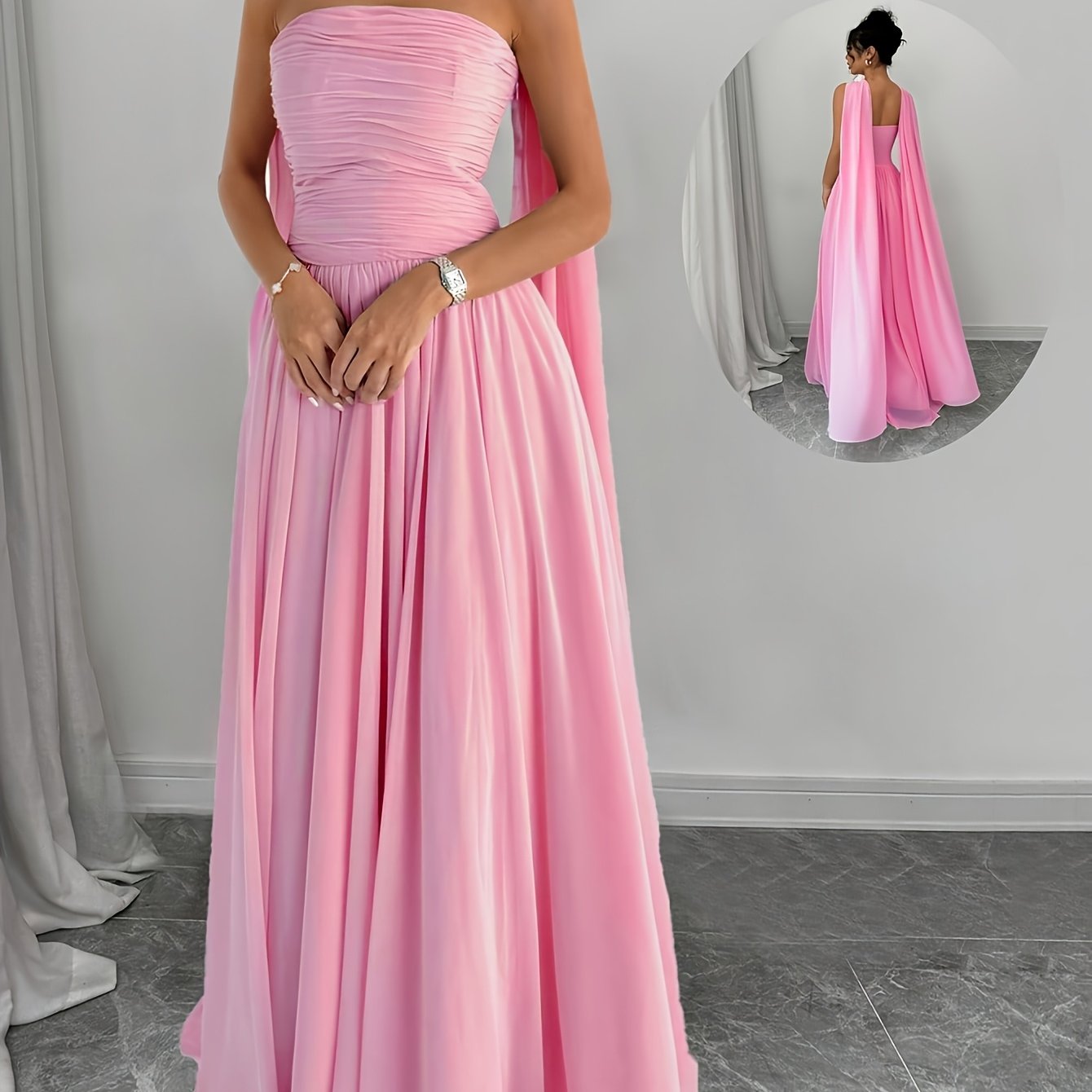 TEMU Elegant Strapless Long Dress Spring And Summer Dress Suit Suitable For Wedding Party Banquet Wear Ladies Light-colored Dress