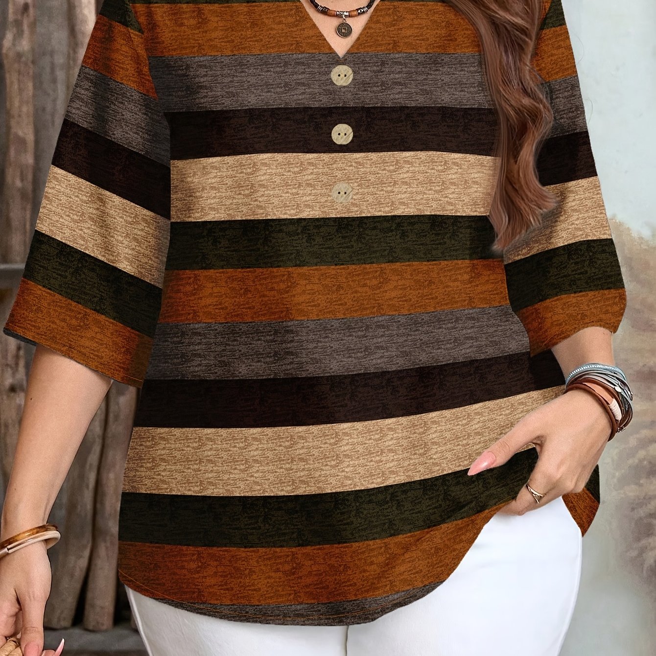 TEMU Plus Size - Plus Size - Plus Size Women's Elegant Contrast Striped -quarter Sleeve Blouse, Spring Summer V-neck Lightweight Loose Top,