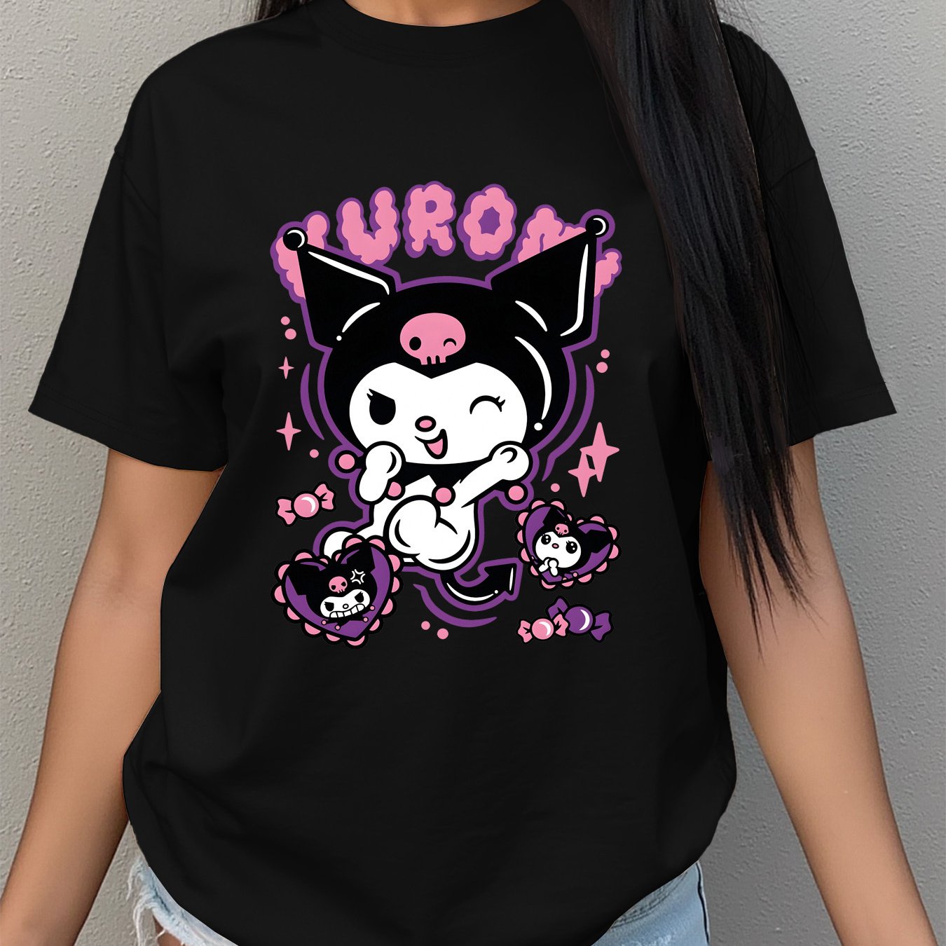 TEMU Kuromi Women's T-shirt - Cute Kuromi Character Print Round Neck Short Sleeve Blouse, Spring Summer Fall Casual Loose , Machine Washable For &