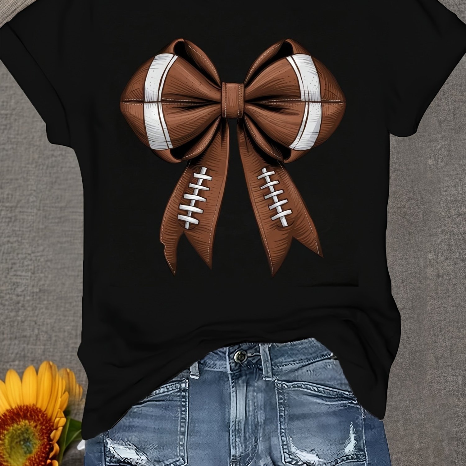 TEMU Football Bow T-shirt | Short-sleeved With Design, Casual Crew Neck Short Sleeve T Shirt, Comfortable Cotton Fabric, , Slight Stretch, Regular