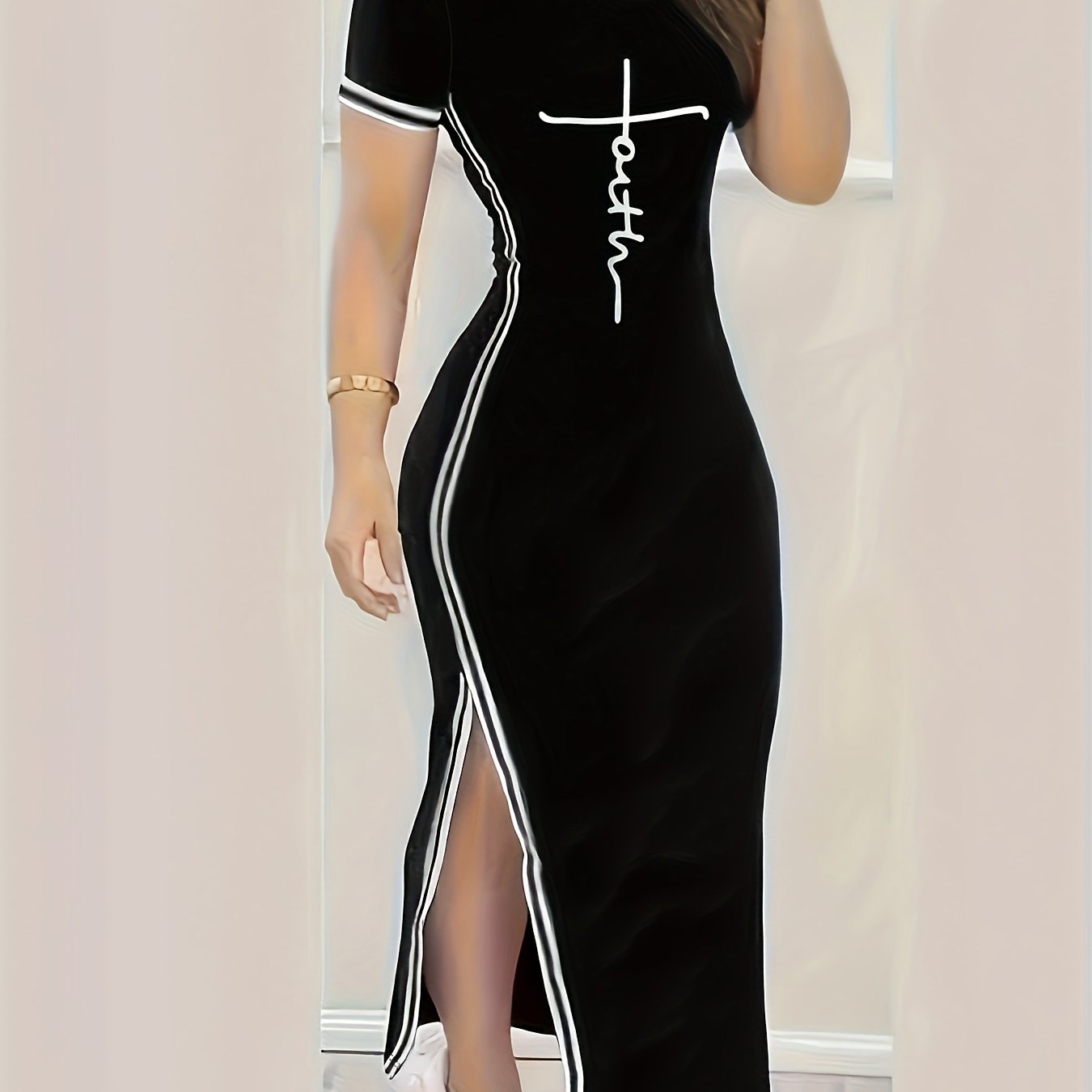 Letter Neck Dress, Casual Short Sleeve Dress For , Women's Clothing