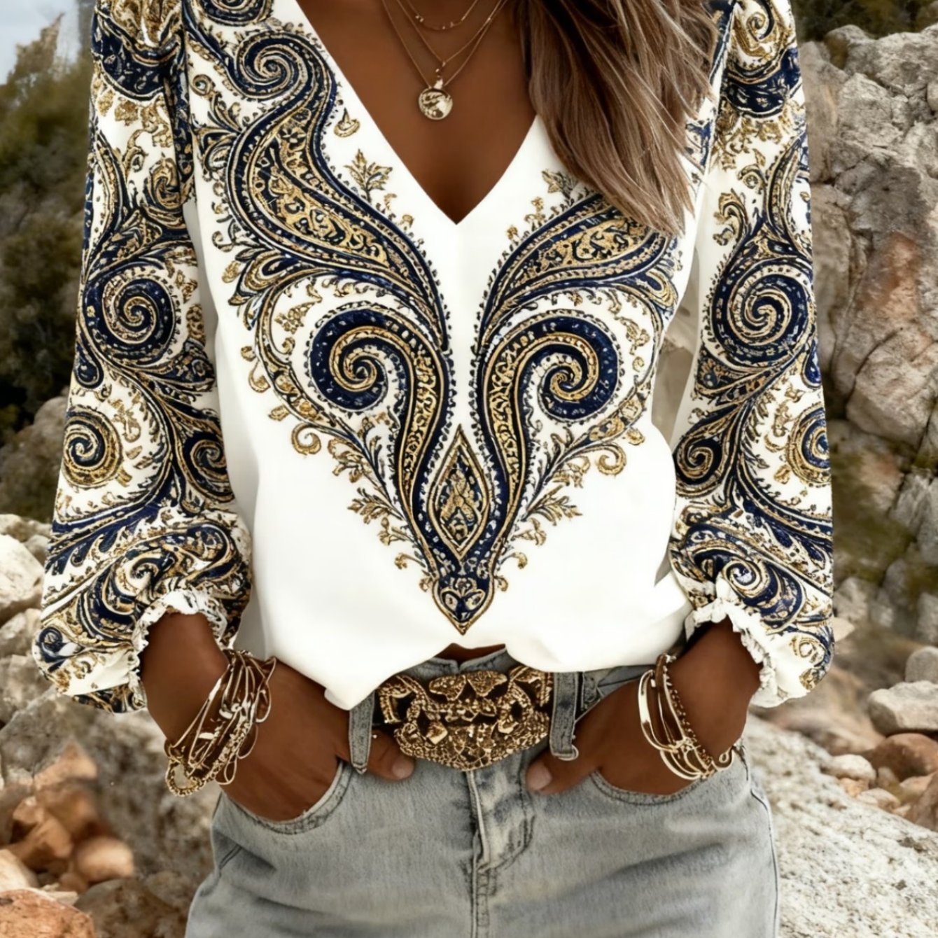 Image of 2d Flat Print Retro Western Style Shirt, V-neck Women's Long-sleeved Top, Bohemian Style Lantern Sleeve Design, Versatile For Spring, Machine Washable, Suitable For Everyday Wear And Vacations