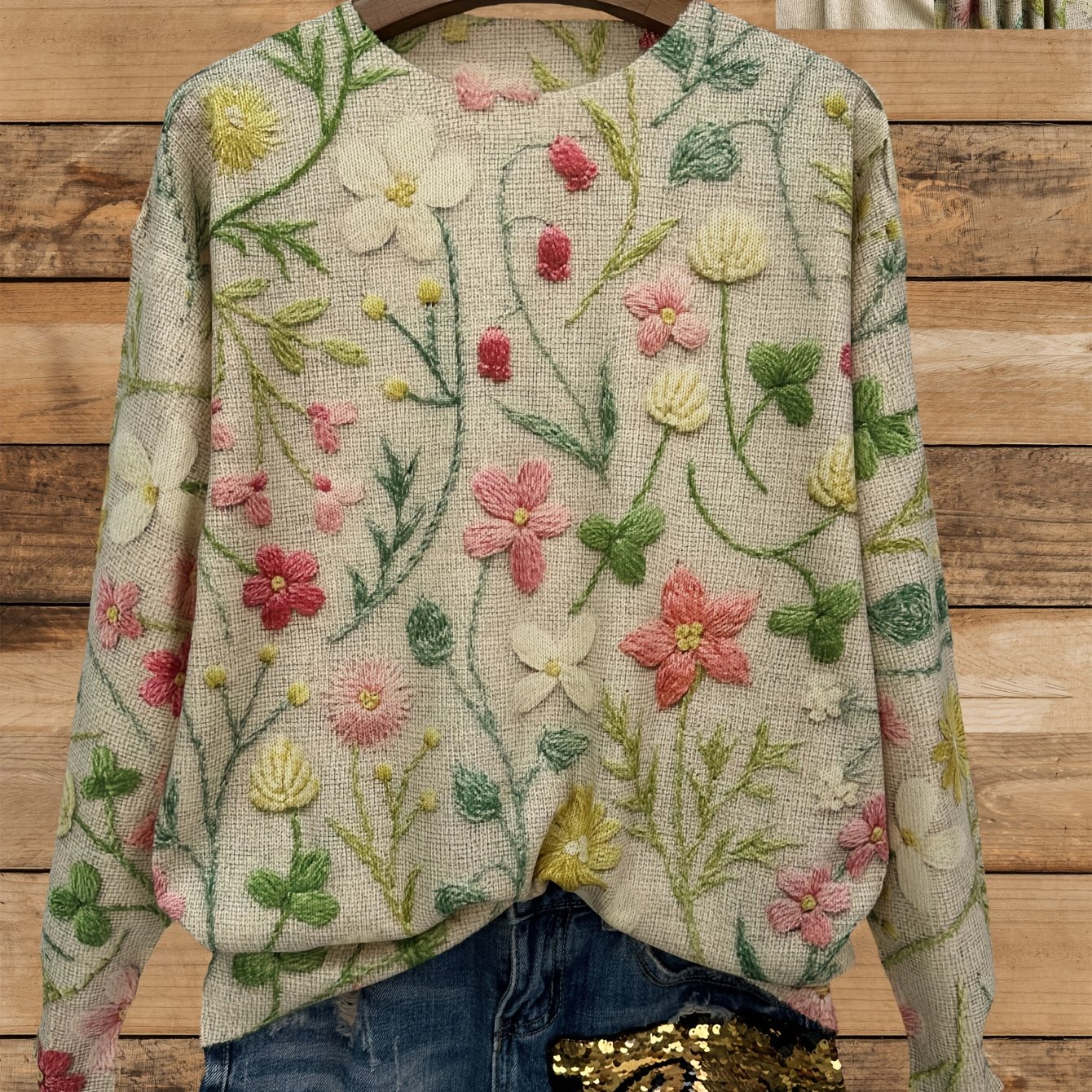 Image of [printed Design - Not Textured] [ Print] [lightweight] [sweater] Print Green Leaf Print Lightweight, Casual Crew Neck Long Sleeve Sweater, Women's Clothing