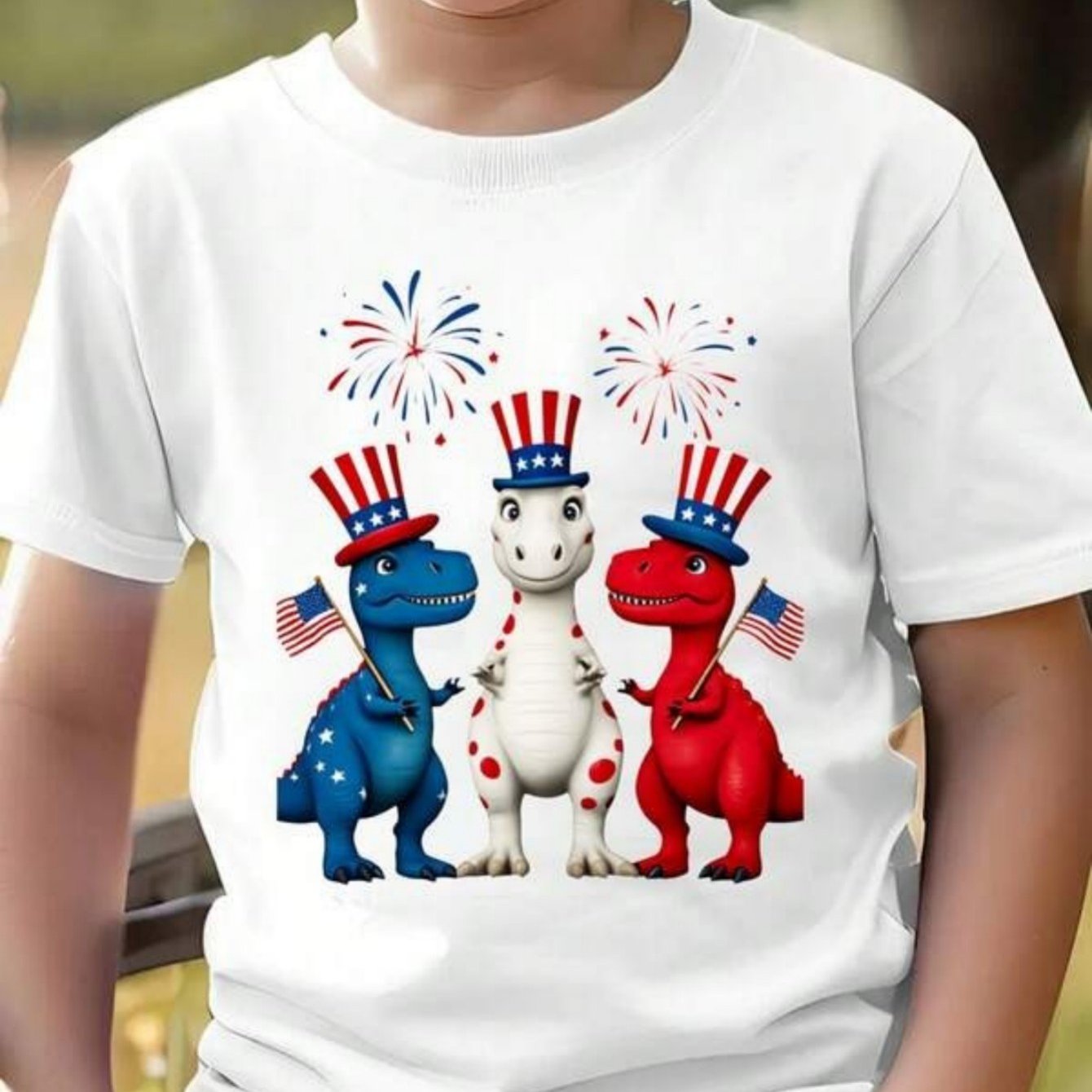 TEMU 1pc Kids' Dinosaur Flag Print White Tshirt, Crew Neck, Casual Cotton Tee, Medium Stretch Knit Fabric, Regular Fit For Boys& Girls Children,