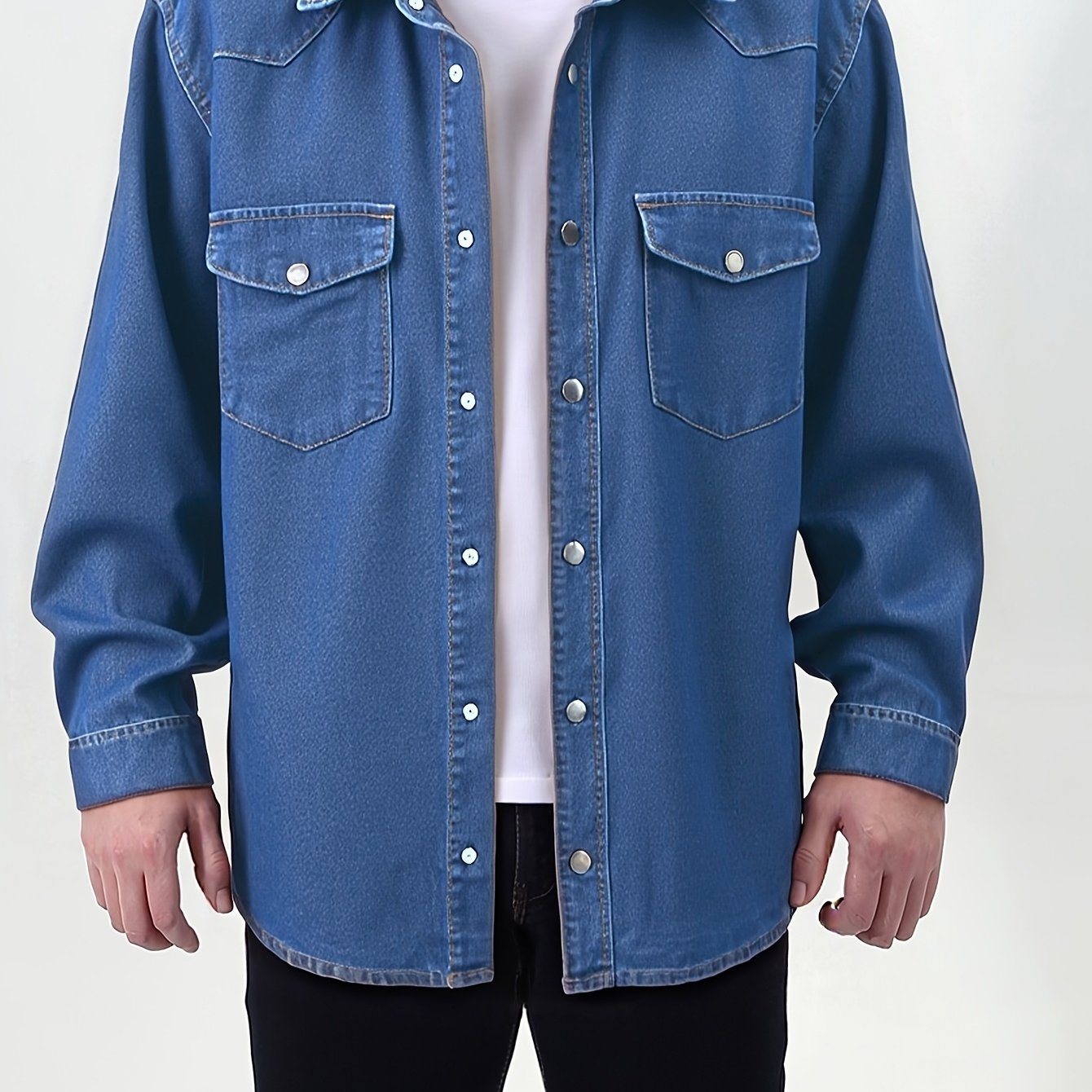 Image of Men's Vintage Washed Denim Long Sleeve Shirt - Casual Button-up With Chest Pockets, Regular Fit For Spring/fall, Casual Outerwear|vintage Style Shirt|woven Texture, Plus Size