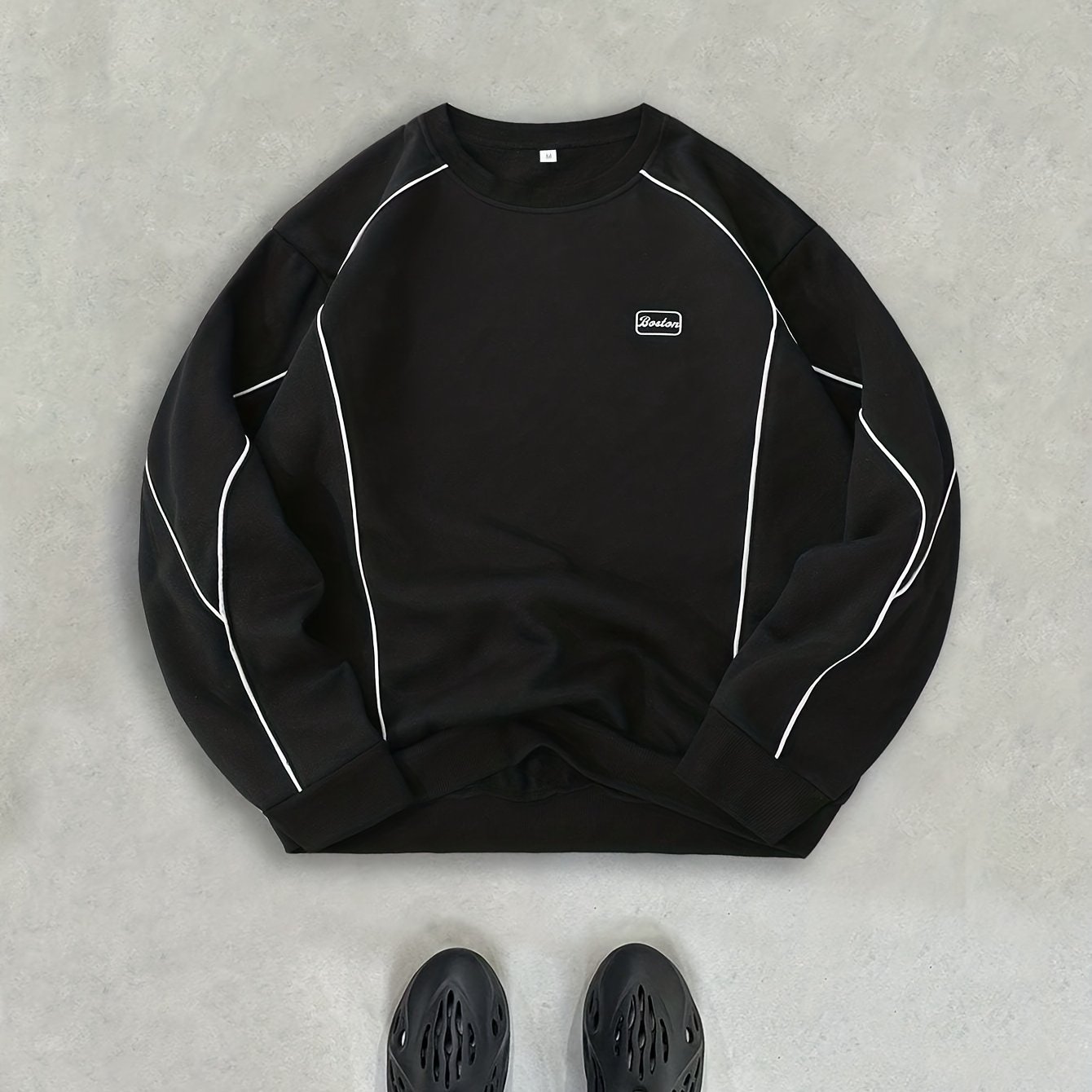 Black Long Sleeve Athletic Sweatshirt, No Pattern, Casual Fitness