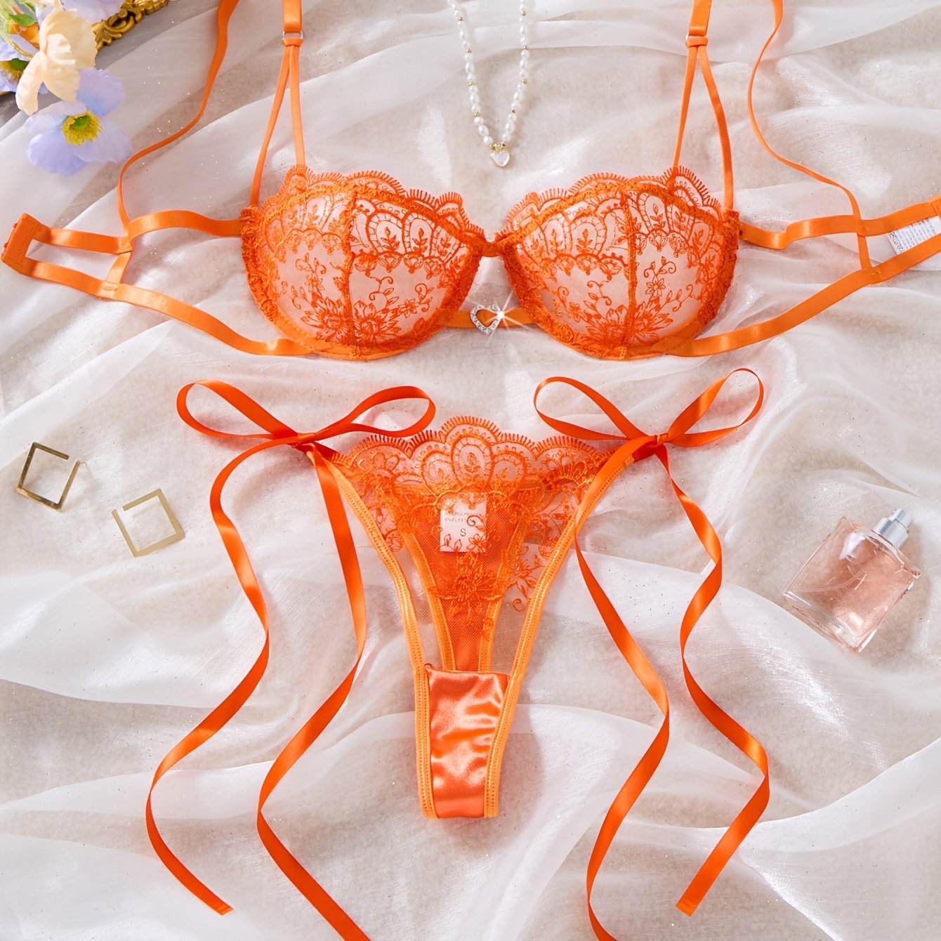 TEMU Sexy Embroidered Bra Set For Women, Thin Straps With Heart And Rhinestone Decoration Semi-transparent Lingerie Adjustable Tie-string Panties