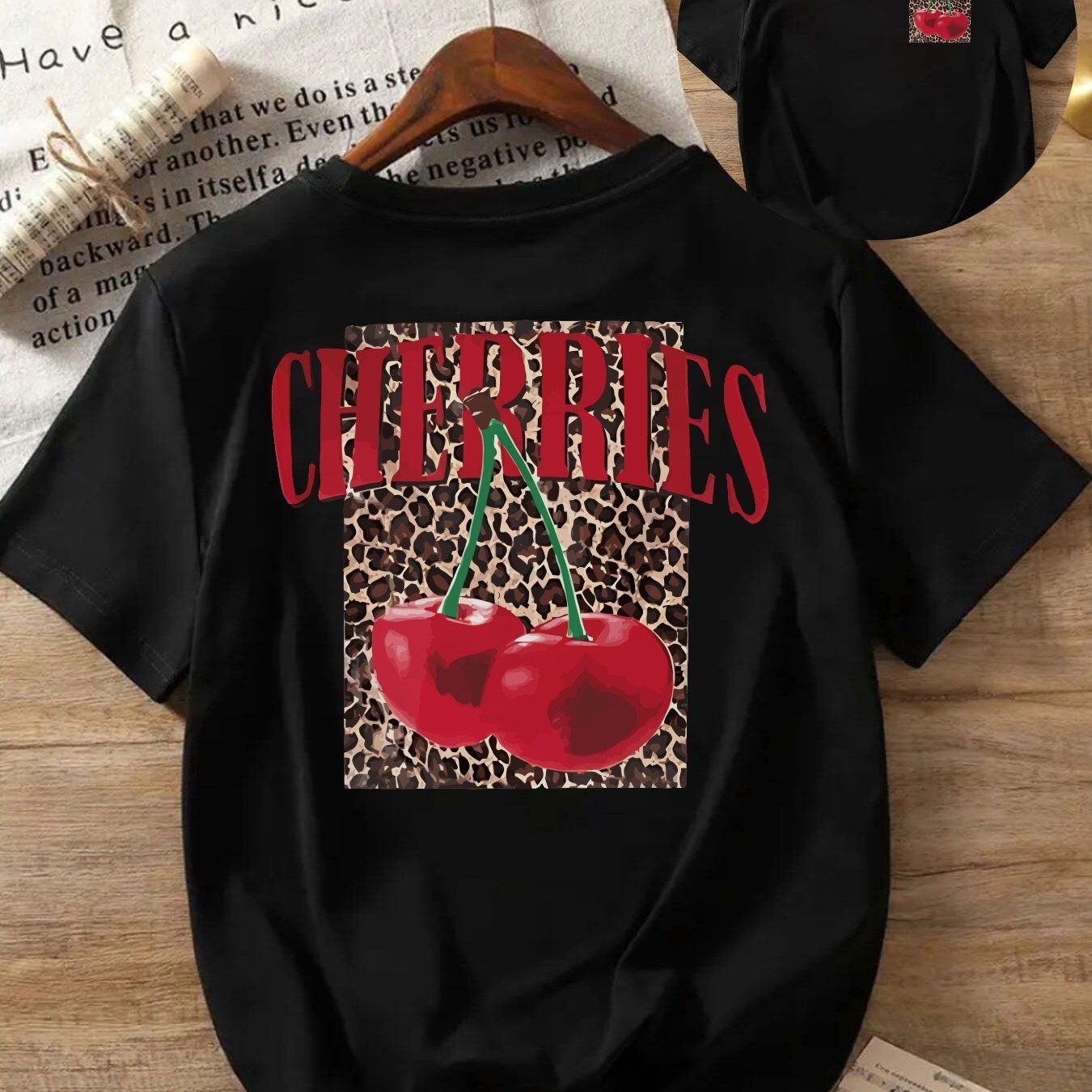 TEMU Damen lässiges "CHERRIES"-T-Shirt mit Leopardenmuster - Kurzarm, Rundhalsausschnitt, bequemer Schnitt, -Oberteil, lässiges Tragen | Oberteil mit