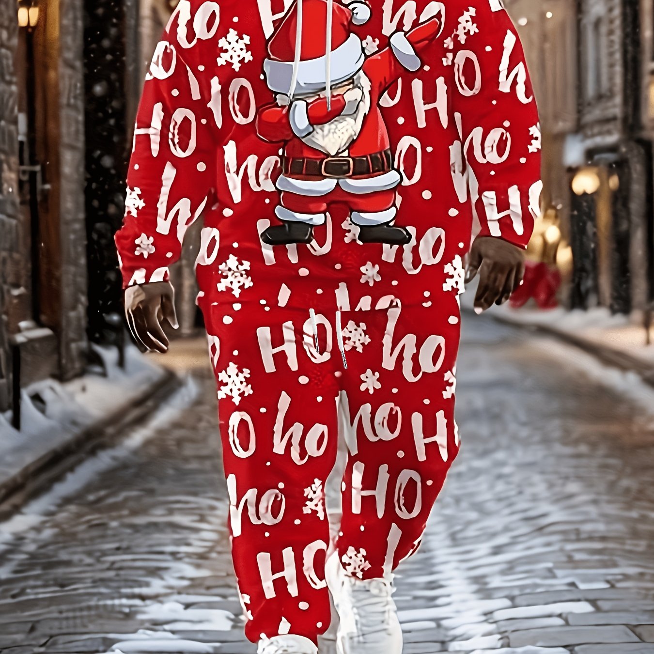 TEMU Plus Size Autumn Winter Men's Clothing Men's Hooded Sweatshirt And Long Pants 2pcs Set Santa Claus Pattern Christmas Outfit Sports Casual Set