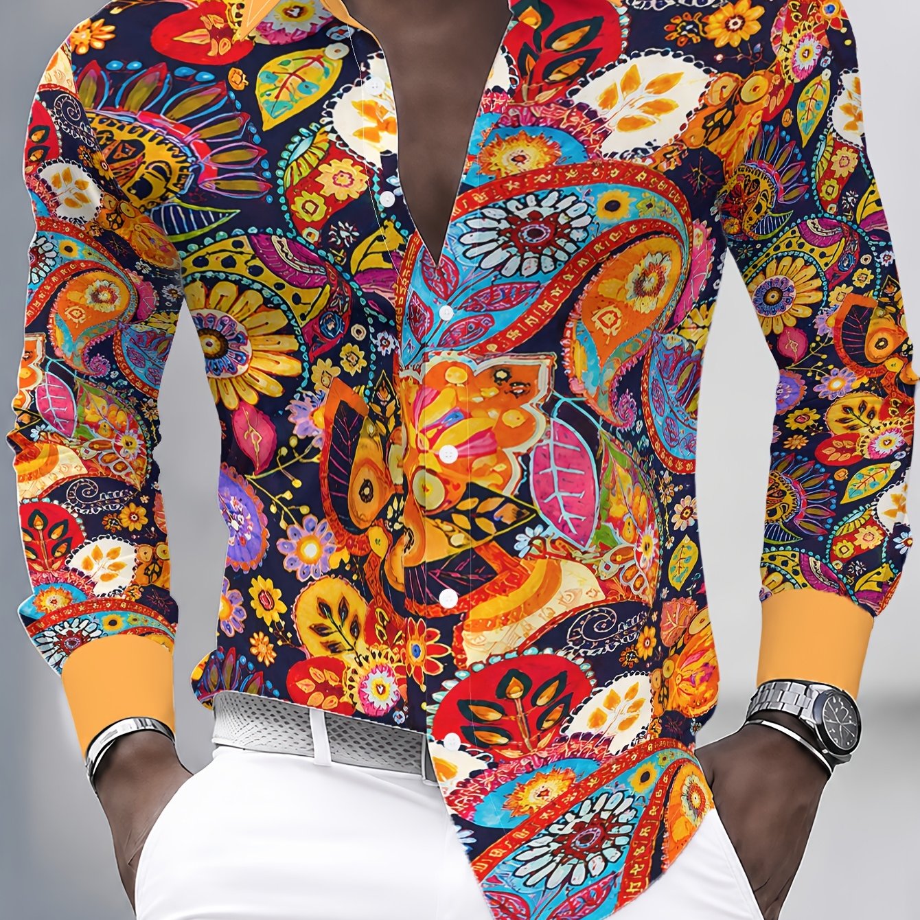TEMU [printed Design â Not Textured] Men's Casual Long-sleeve Shirt, Men's Colorful Printed Long-sleeve Shirt, Stylish And Versatile For Beach