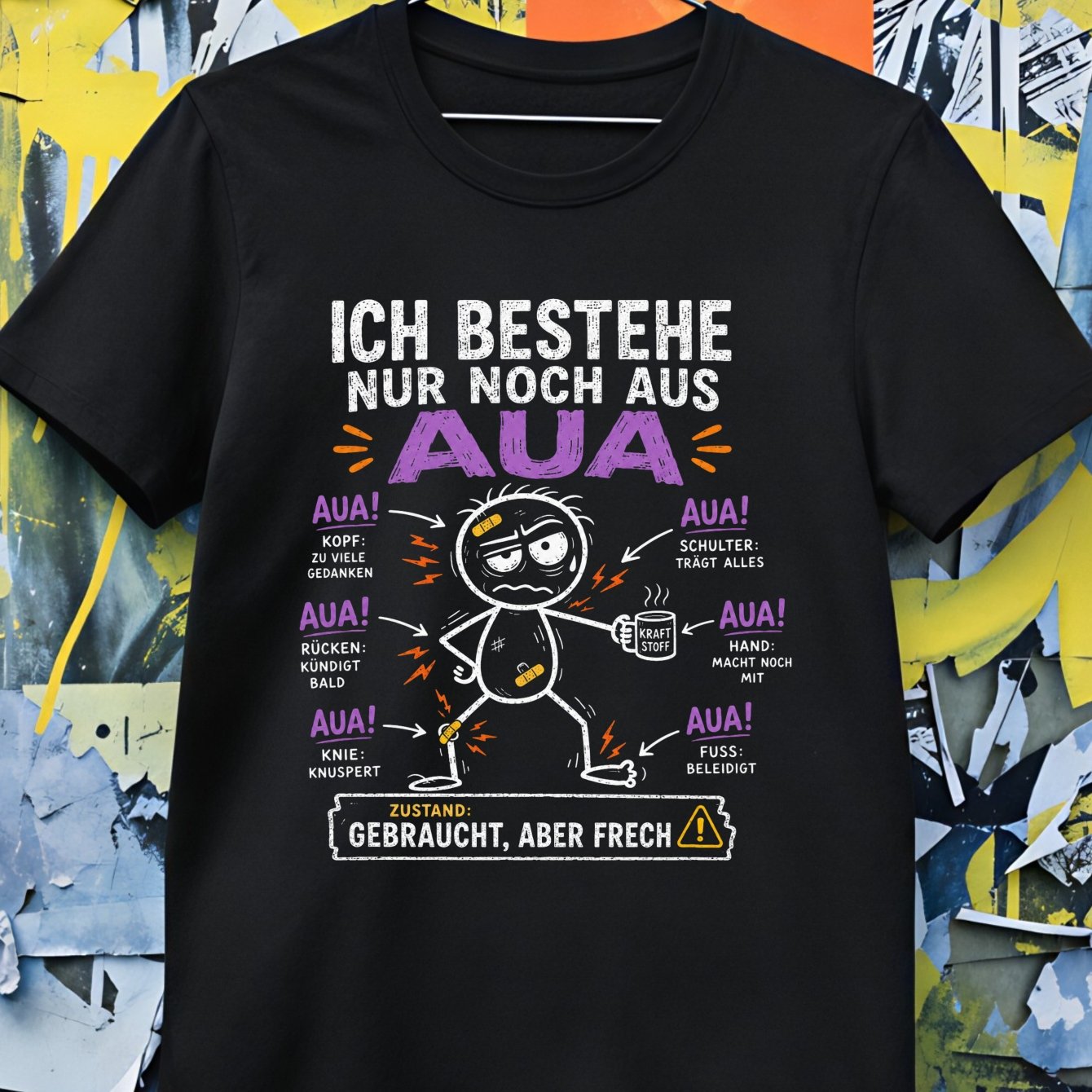 Image of Unisex T-shirt Ich Bestehe Nur Noch Aus Aua Graphic T-shirt German Body Pain Cartoon Purple But Funny Aging Style, Plus Size
