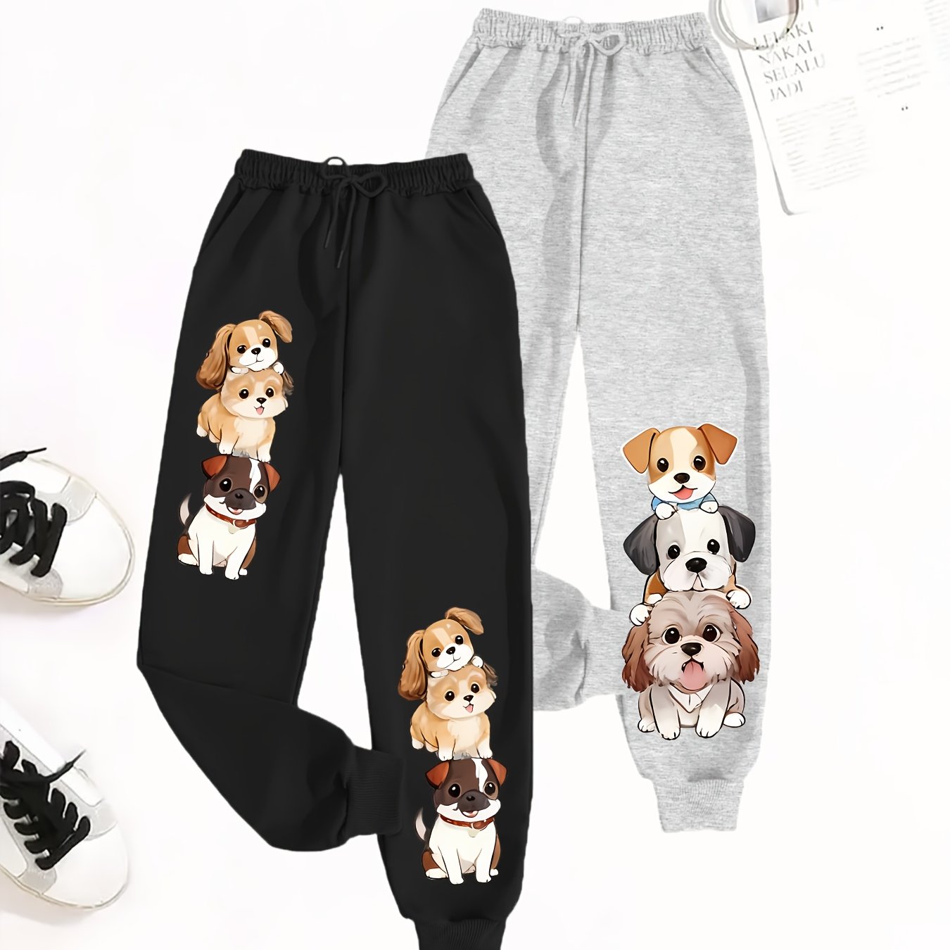 TEMU 2pcs Women's Loose-fit Jogger Pants With Print - Wide-looking Pants Suitable For,, Lounging | Spring Summer Fall Wear | Machine Washable Casual